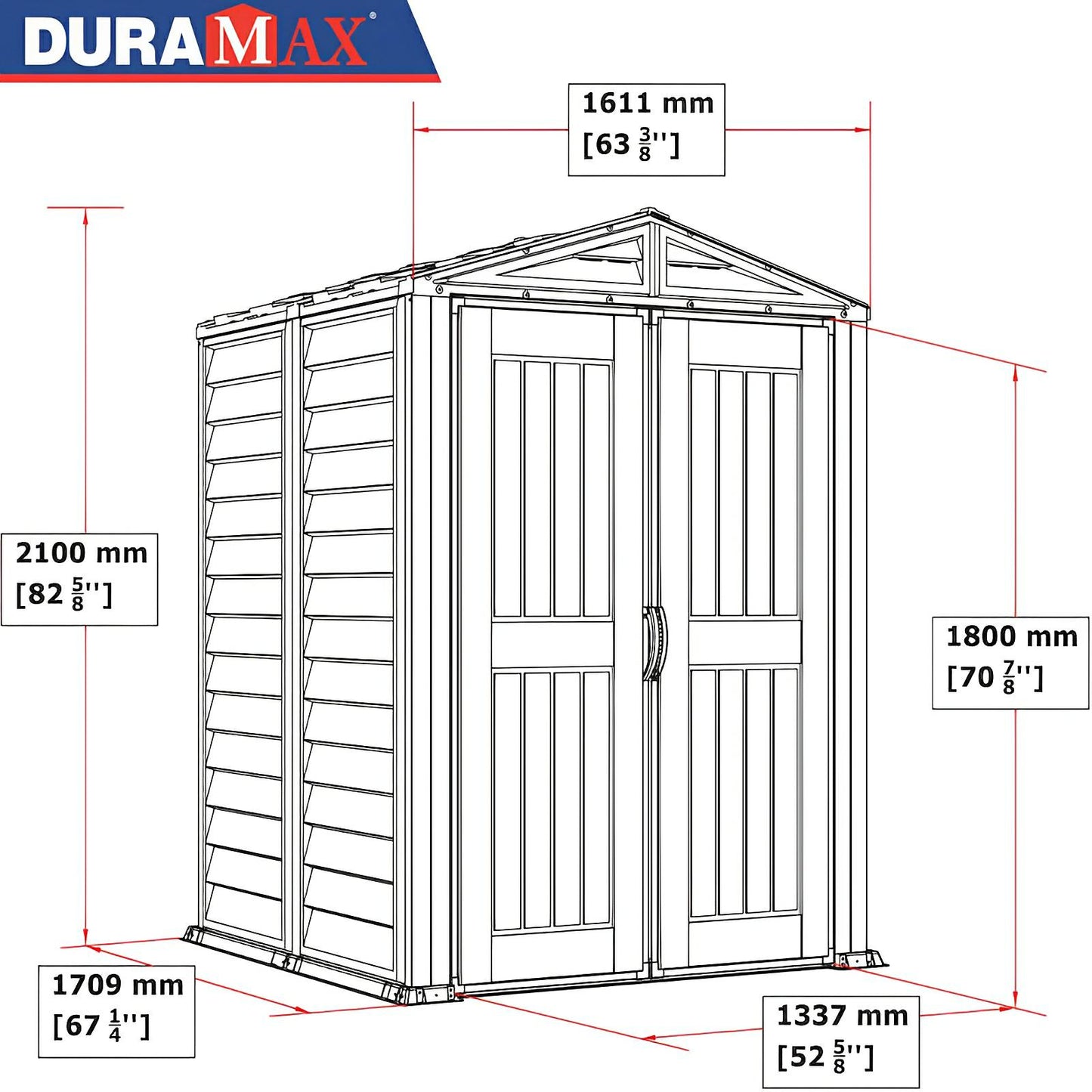 Duramax YardMate PLUS 5x5 vinyl shed diagram with dimensions, ideal for backyard storage. Easy assembly with robust design.
