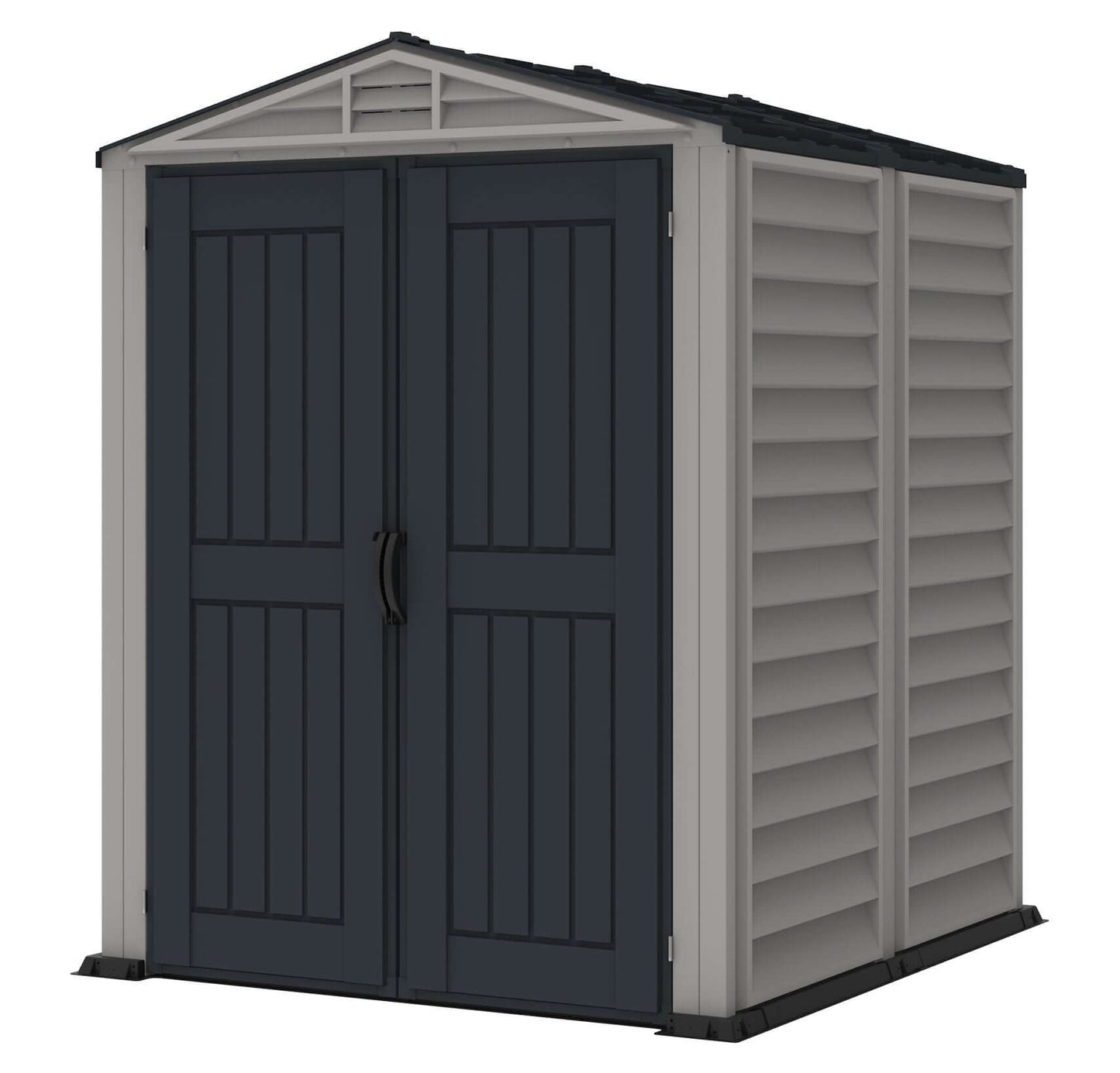 Duramax 5x5 YardMate PLUS Vinyl Shed with Floor, ideal backyard storage solution. Easy assembly, durable vinyl and steel construction.