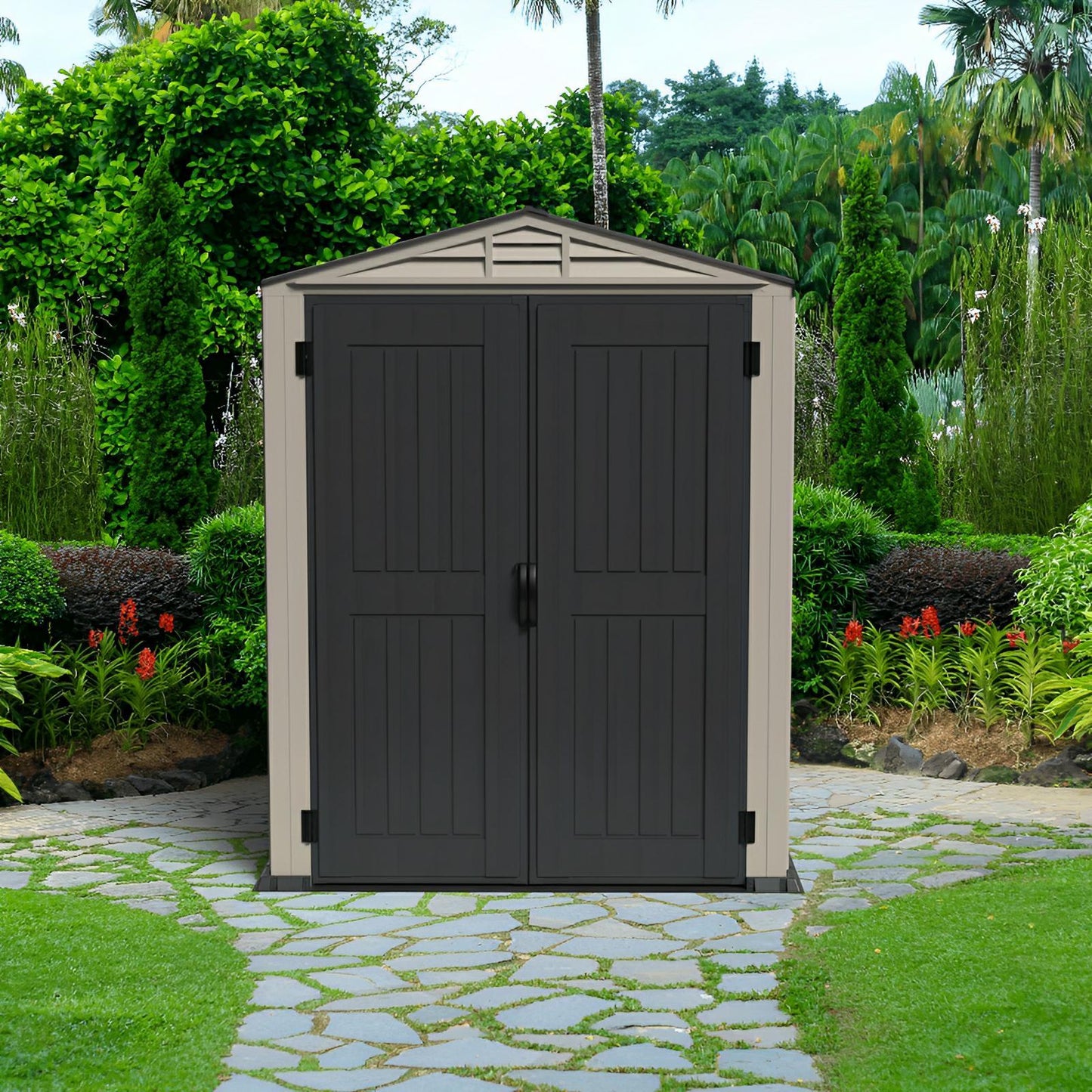 Duramax 5x5 YardMate PLUS Vinyl Shed with Floor in garden setting, ideal for backyard storage, easy assembly. Duramax shed.