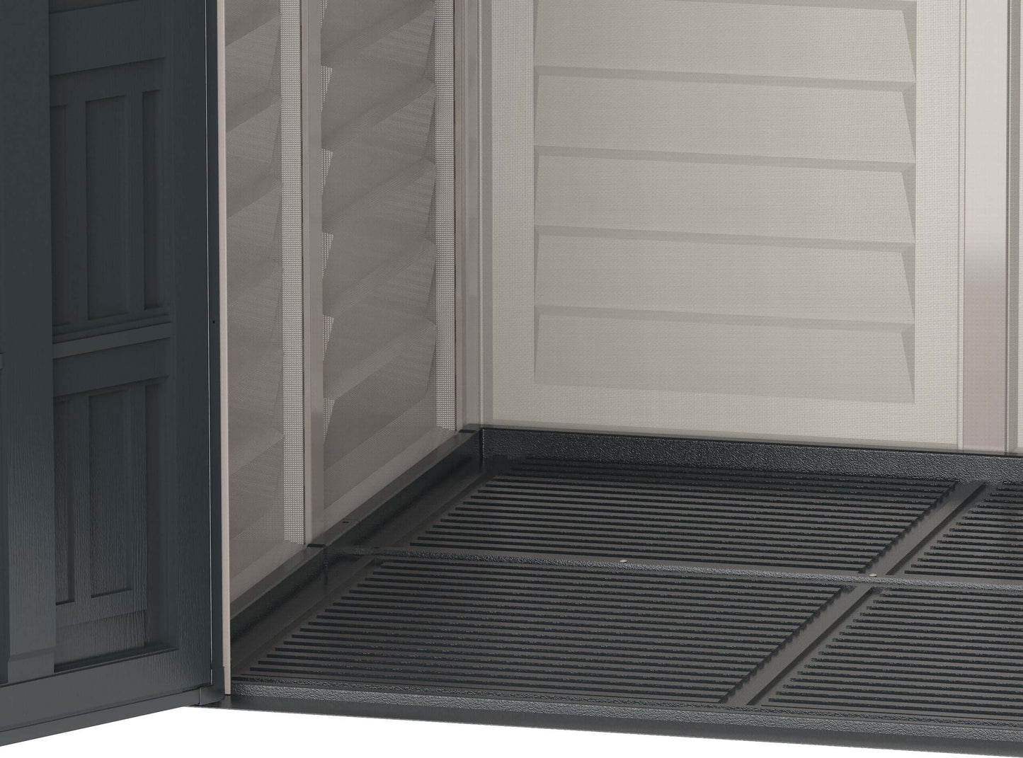 Interior view of Duramax 5x5 YardMate PLUS Vinyl Shed showcasing sturdy floor and robust construction.