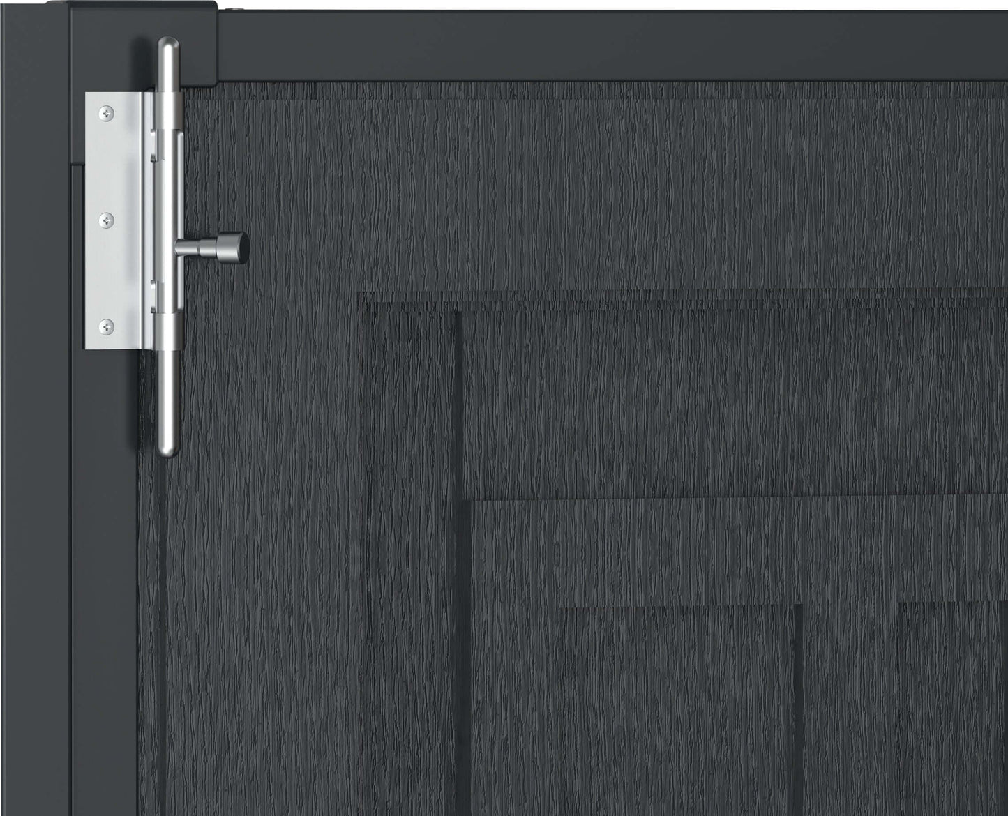 Close-up of Duramax 5x5 YardMate PLUS Vinyl Shed door with a sturdy latch, showcasing the durable, all-weather design.