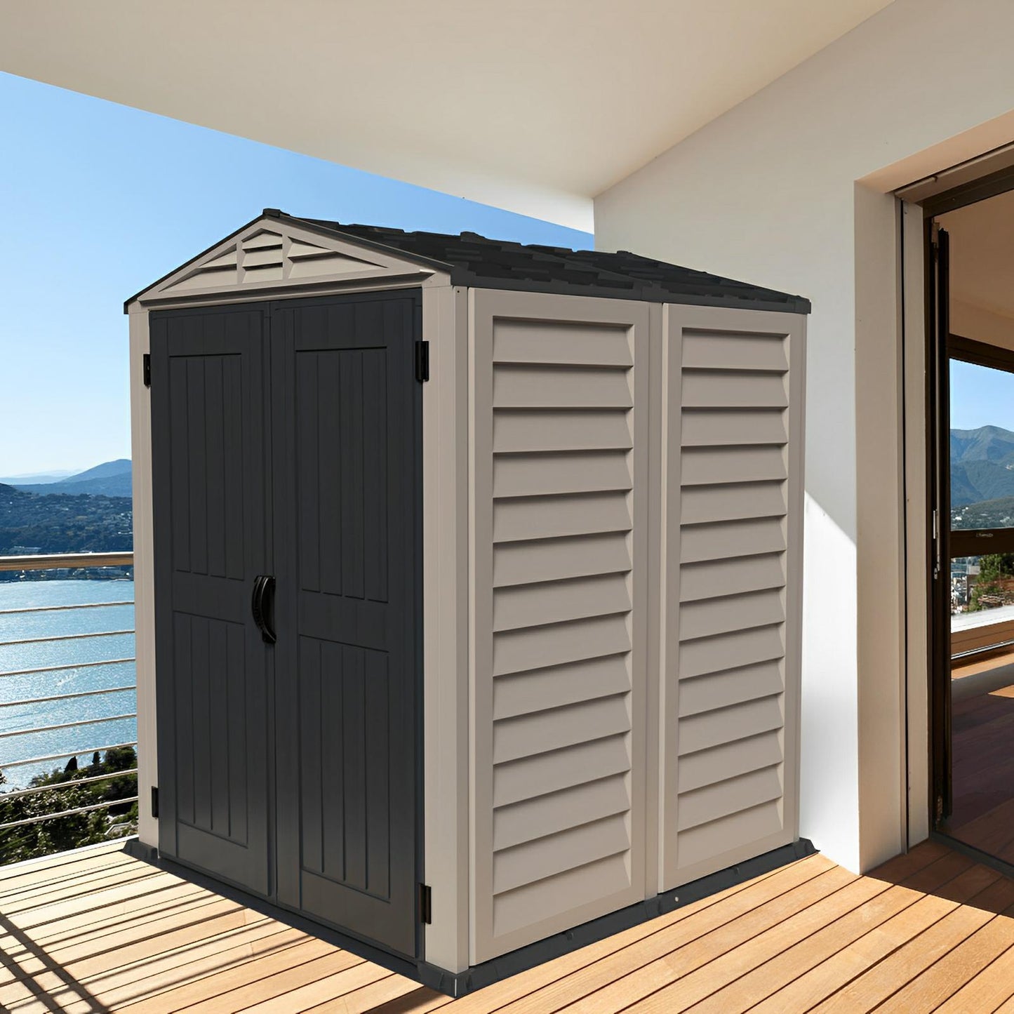 Duramax 5x5 YardMate PLUS Vinyl Shed with floor on patio, all-weather vinyl resin construction, easy assembly