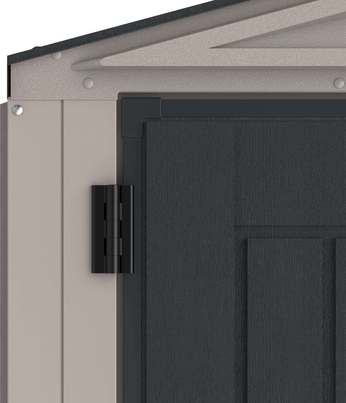 Close-up of corner detail on Duramax 5x5 YardMate PLUS Vinyl Shed showcasing durable construction and design.