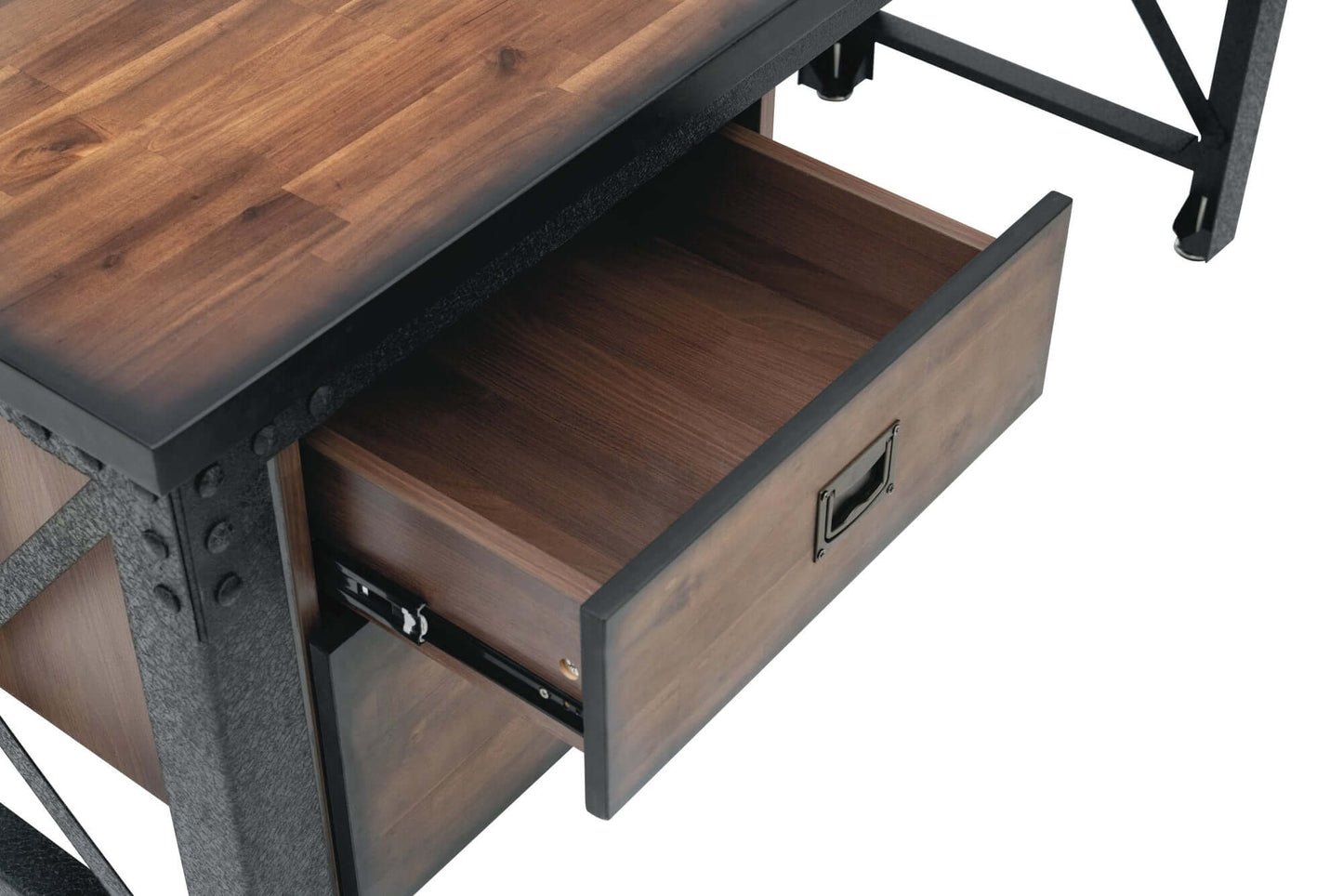 Duramax Jackson desk with a powder-coated steel frame, acacia wood top, and open drawer showcasing industrial design and functionality.