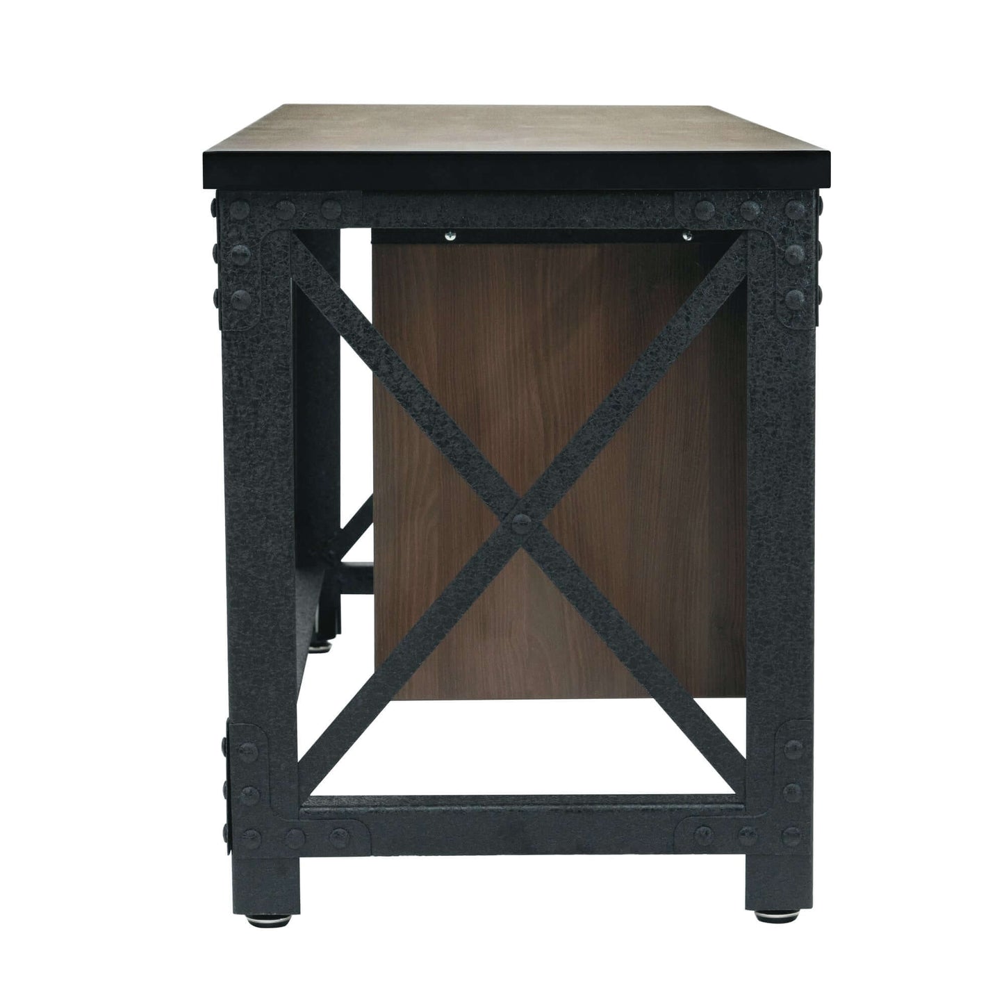 Side view of Duramax Jackson Industrial Metal & Wood Desk featuring durable steel frame and acacia wood top, ideal for home office.