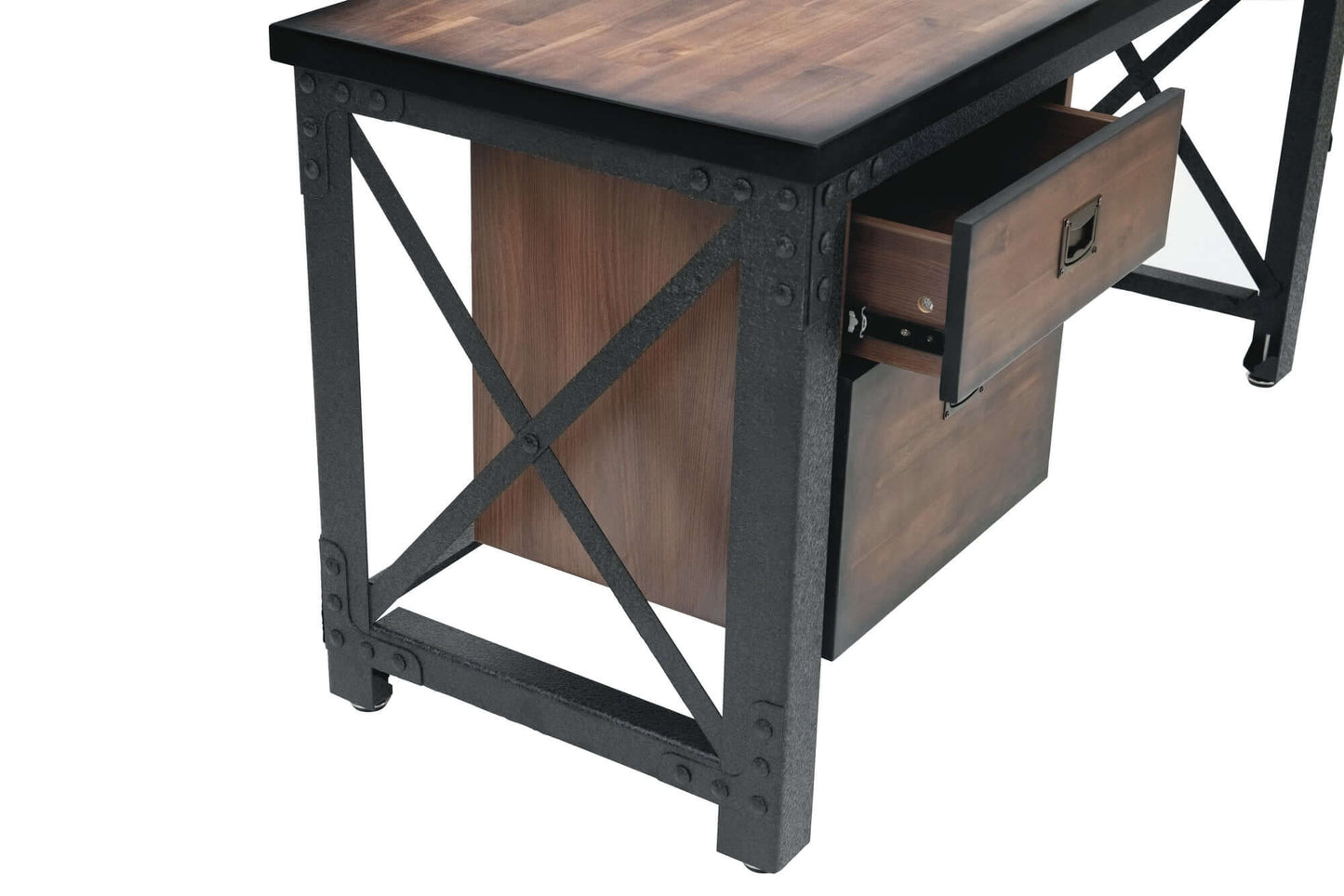 Duramax Jackson Industrial Metal & Wood Desk with sturdy frame and open drawer showcasing strong design and storage, 62-inch model.