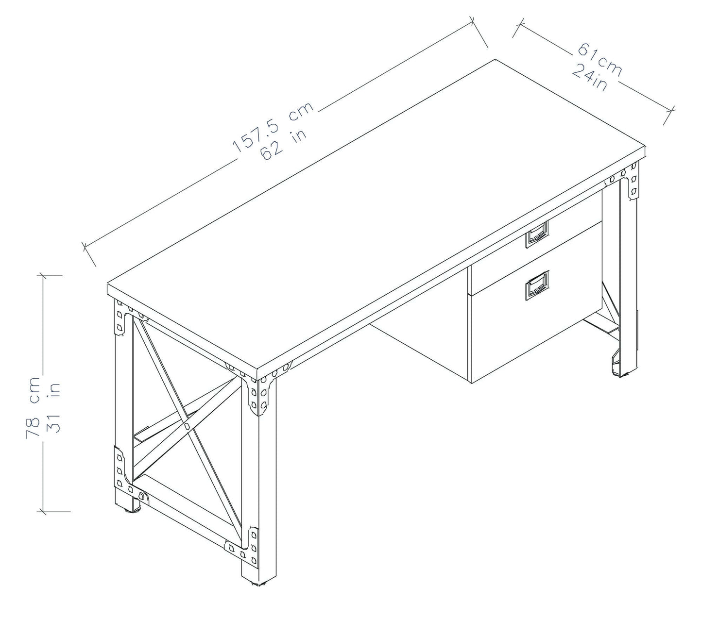 Illustration of Duramax Jackson Industrial Metal & Wood Desk with dimensions: 62 in wide, 24 in deep, and 31 in tall.