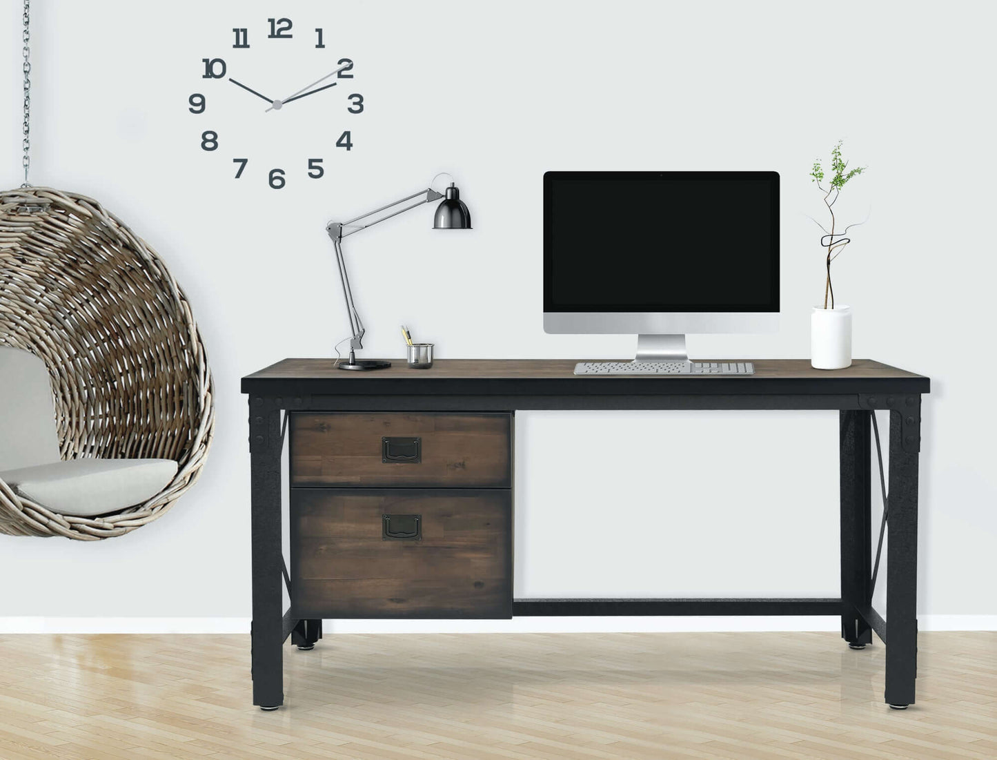 Duramax Jackson desk with metal frame, acacia wood top, and two drawers, ideal for office, study, or gaming setup.
