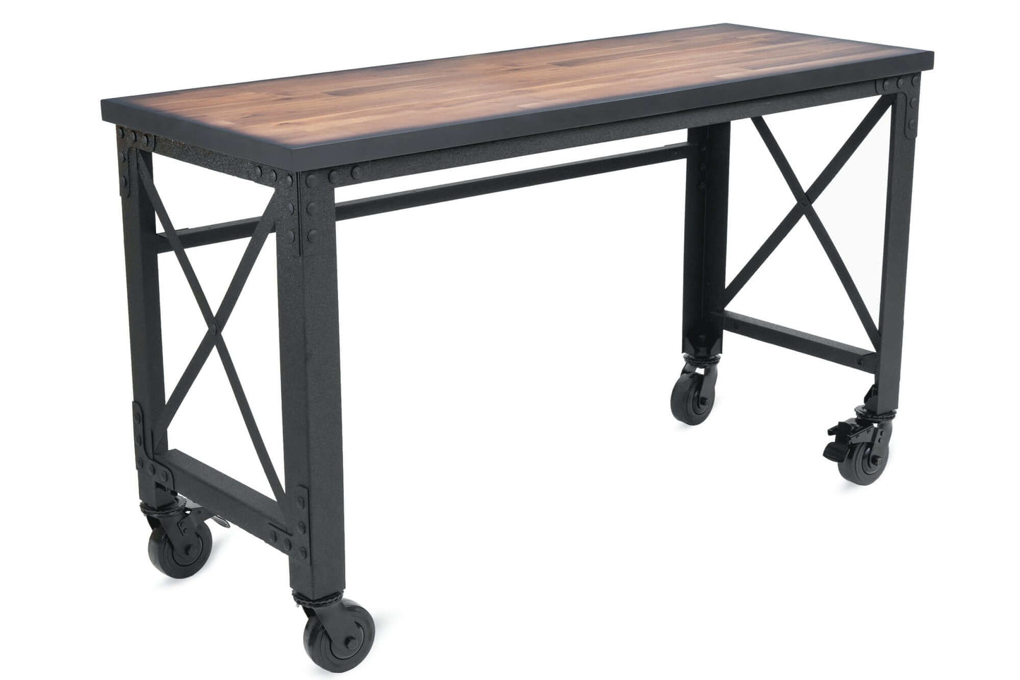 Duramax 62x24 Industrial Rolling Worktable with wooden top, metal frame, and heavy-duty caster wheels for mobility.