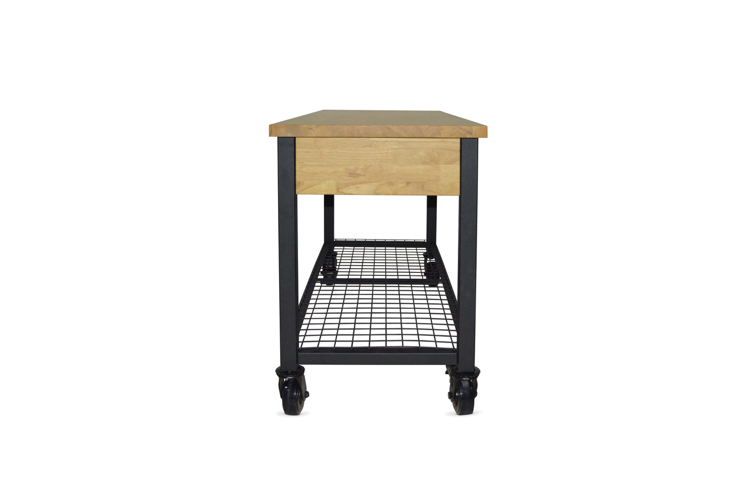 Duramax 62x24 inch Rove 3-drawer mobile workbench, wood top with black metal frame and wheels, ideal for garage or workshop