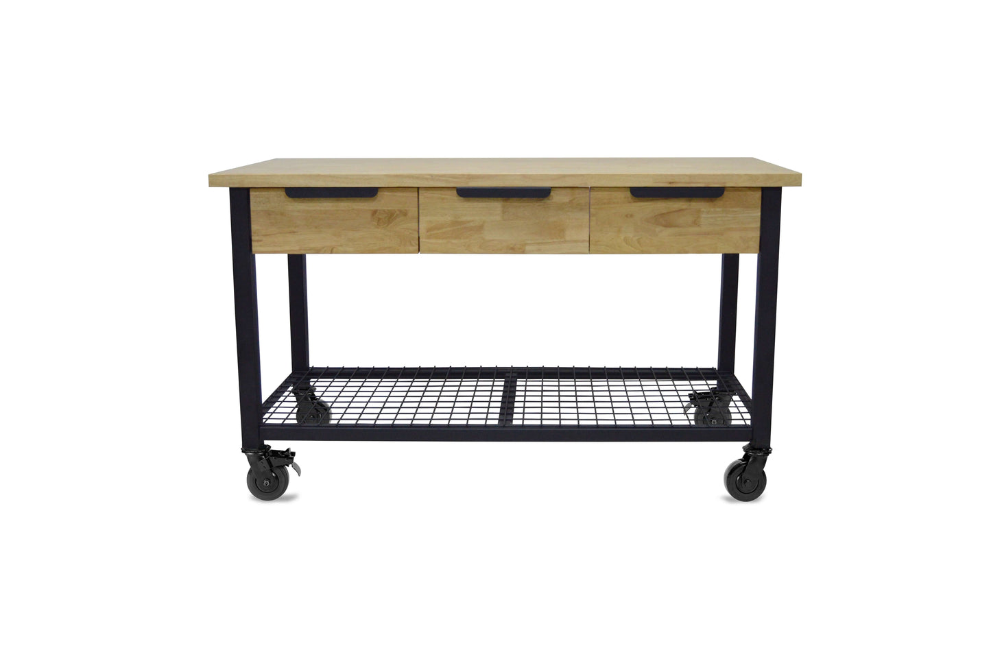 Duramax Rove 62x24 inch 3-drawer mobile workbench with wood top, industrial design, rolling casters for home and workshop use.