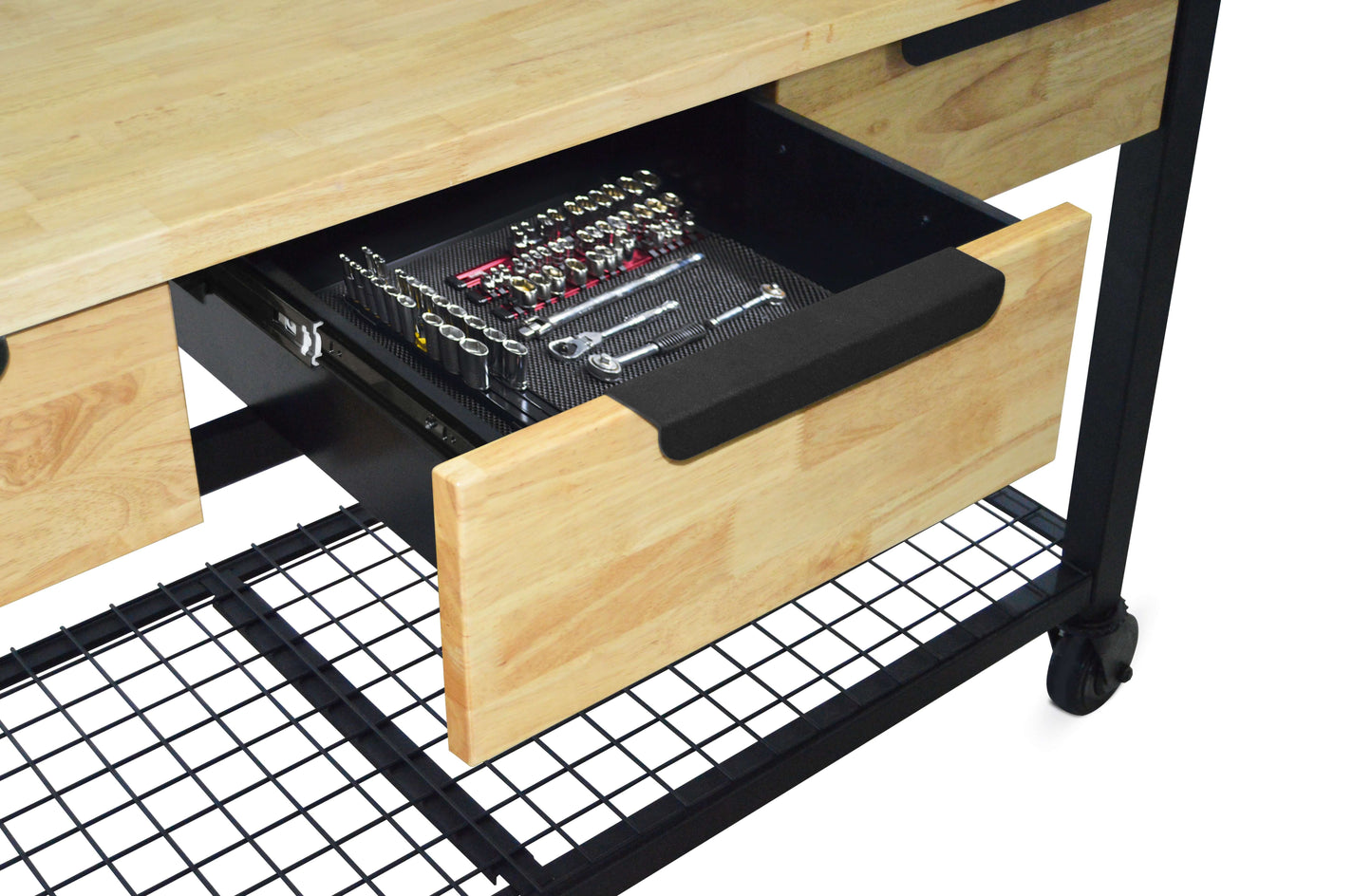 Duramax 62x24 inch Rove mobile workbench with open drawer showing tools, highlighting modern design and wood grain details.