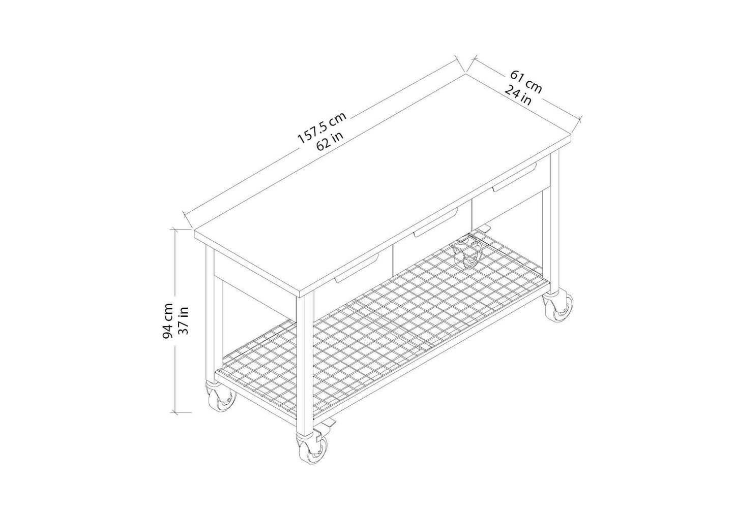 Line drawing of Duramax 62 x 24 inch Rove 3-Drawer Mobile Workbench with dimensions, highlighting its contemporary and versatile design.