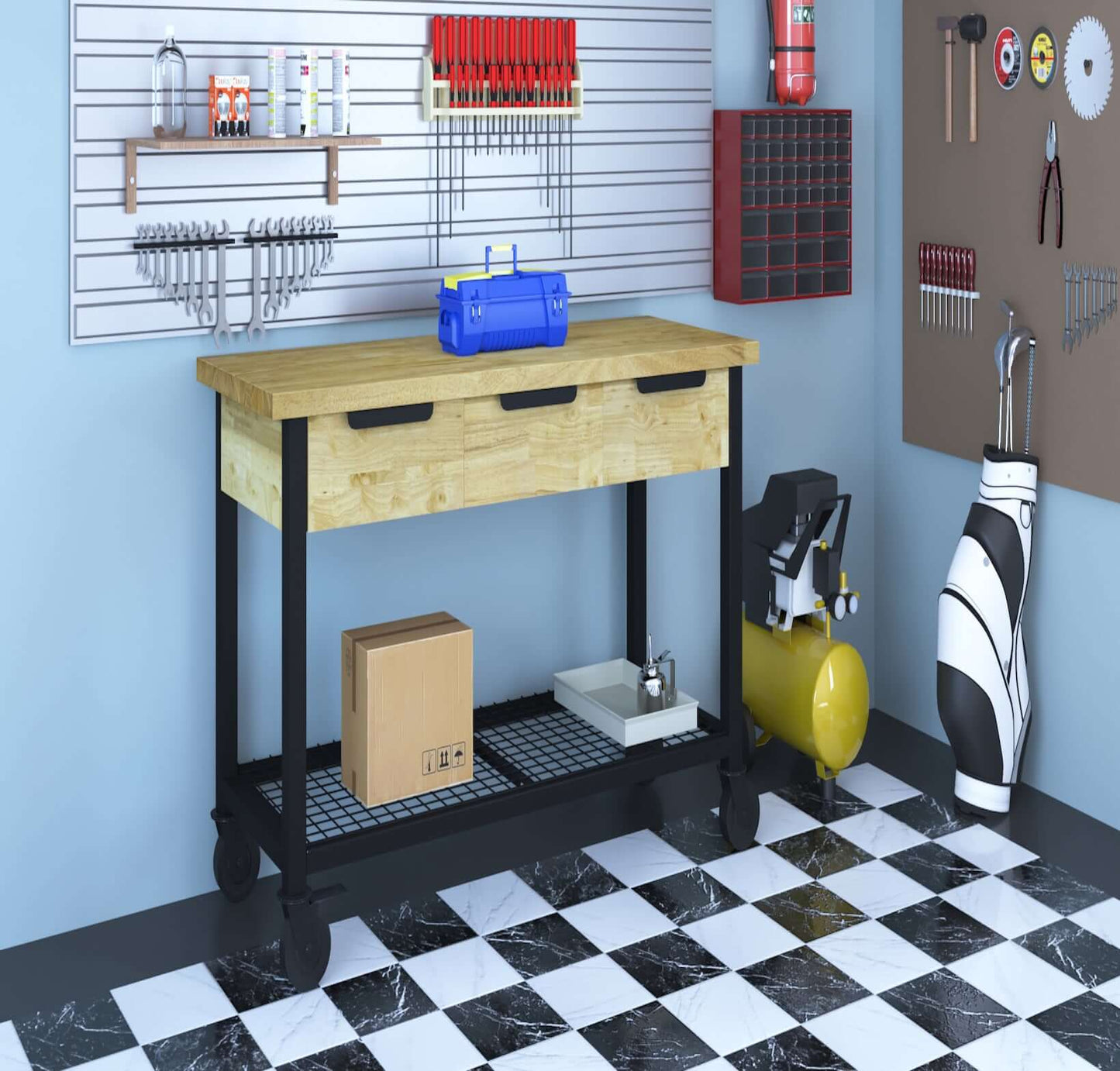 Duramax 62 In x 24 In Rove 3-Drawer Mobile Workbench in a garage workshop with tools and accessories on the wall.