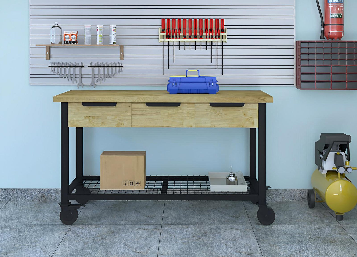 Duramax 62" x 24" Rove 3-Drawer Mobile Workbench in a workshop setting, featuring a wood grain surface and industrial design.