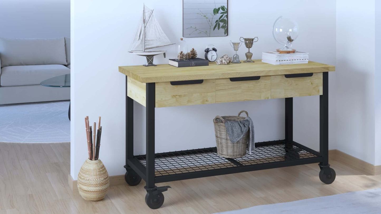 Duramax Rove 3-Drawer Mobile Workbench in a modern room setting, showcasing its contemporary wood and metal design, model 68004.