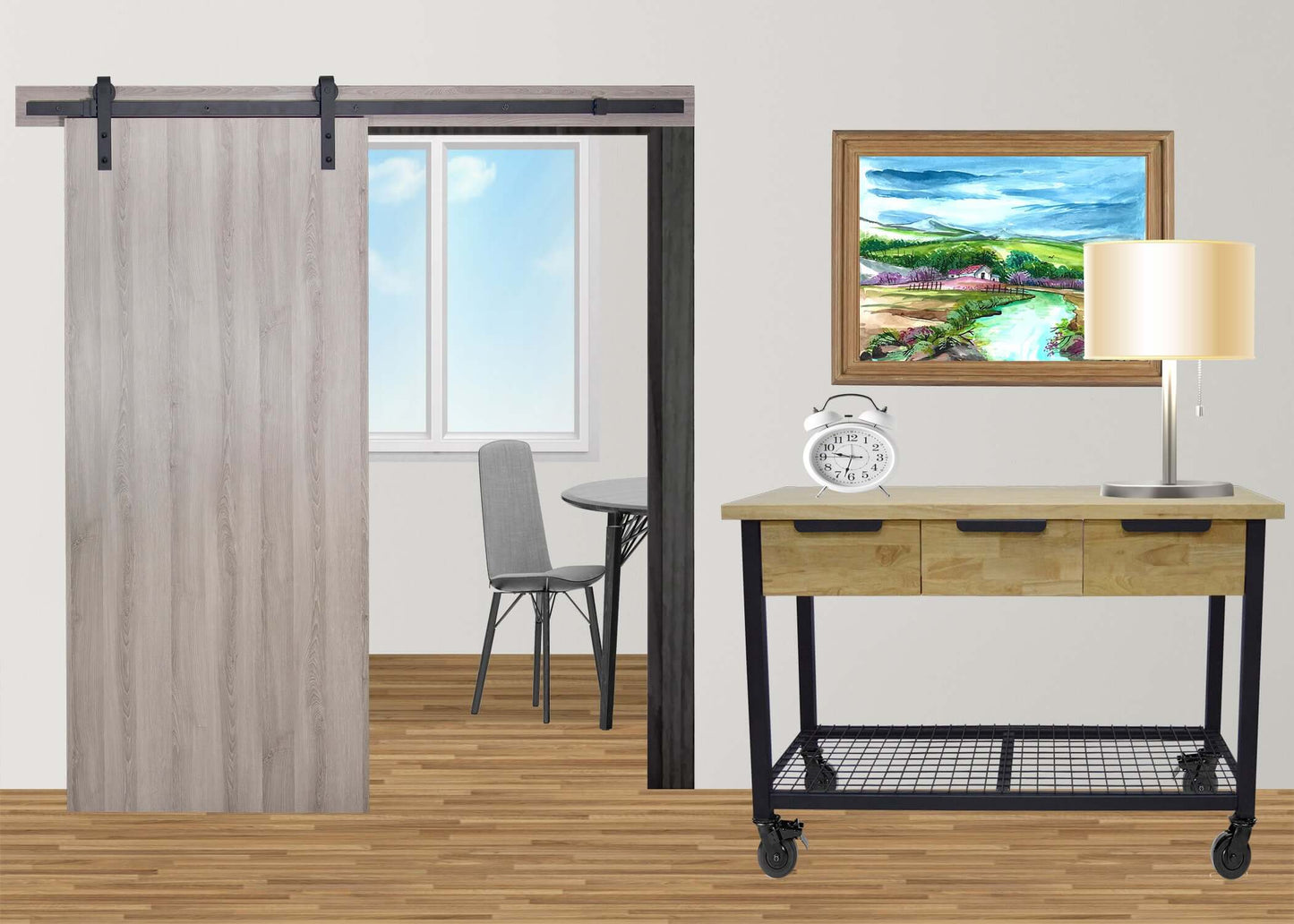 Duramax Rove 3-Drawer Mobile Workbench in a modern room with wooden flooring, sliding door, and wall art.