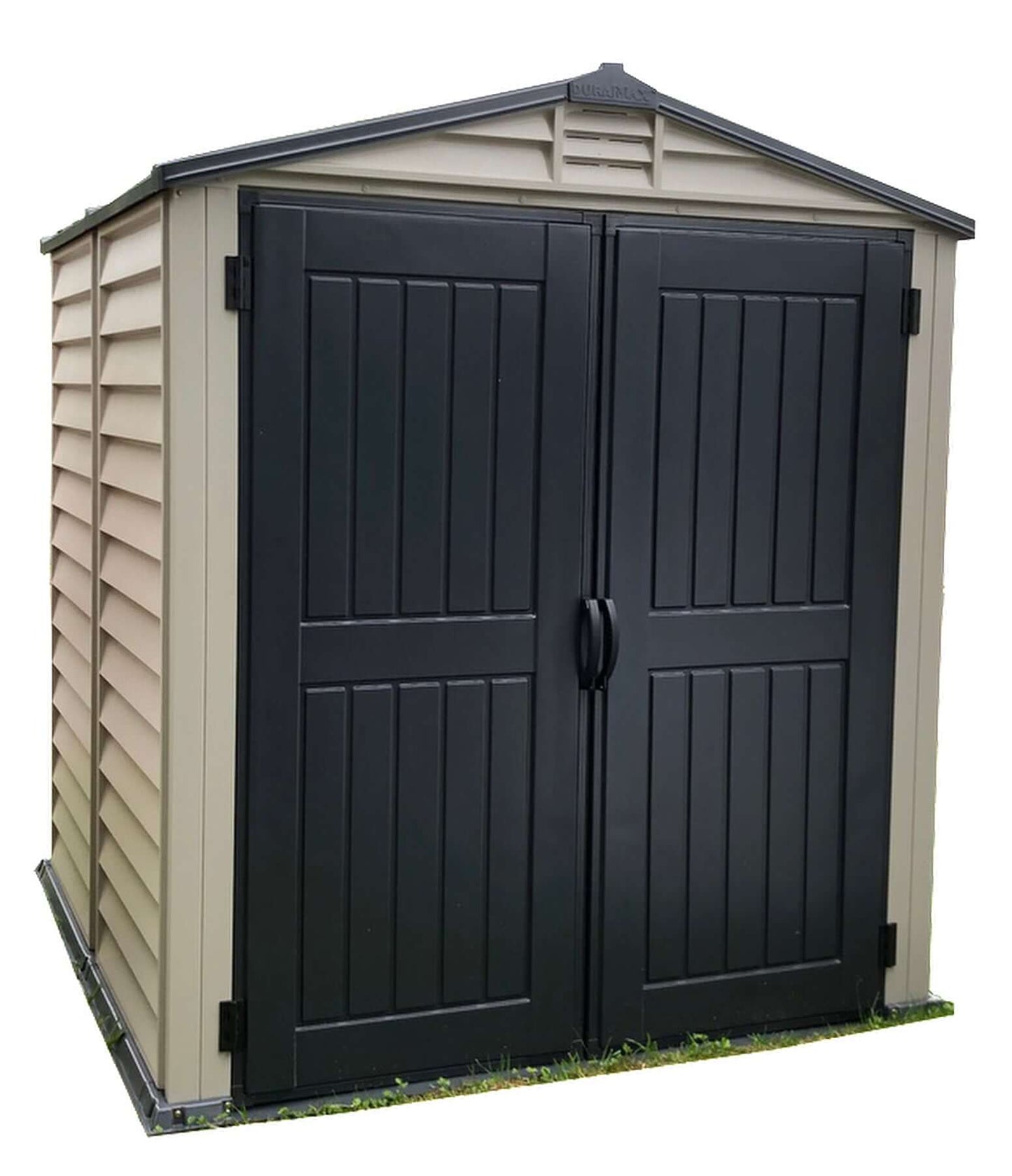Duramax 6x6 StoreMate PLUS vinyl shed with floor, featuring durable fire-retardant materials and wide double-entry doors.