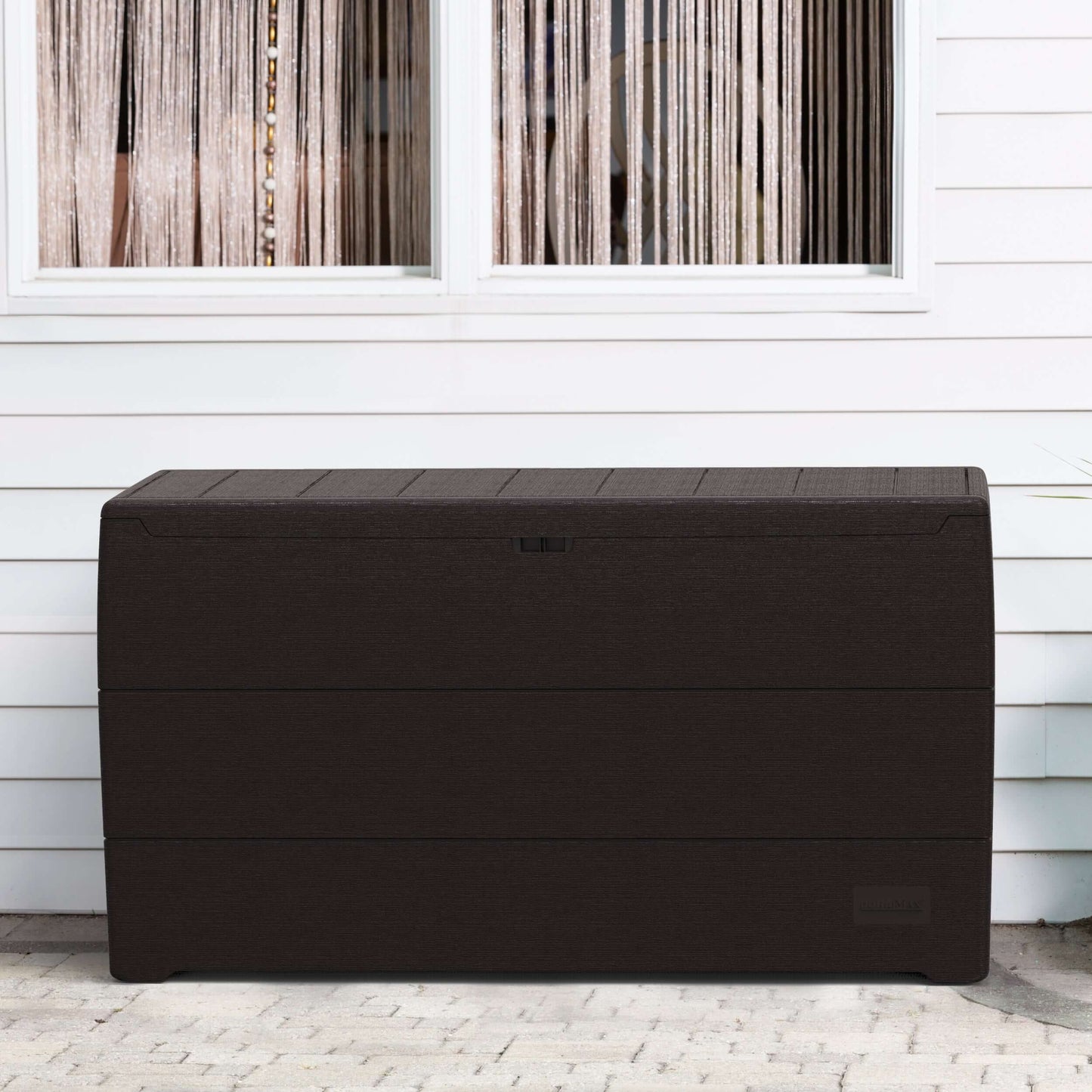 Duramax 71 Gallon Deck Box in brown, perfect for outdoor storage with seating, designed to complement patio or garden decor.