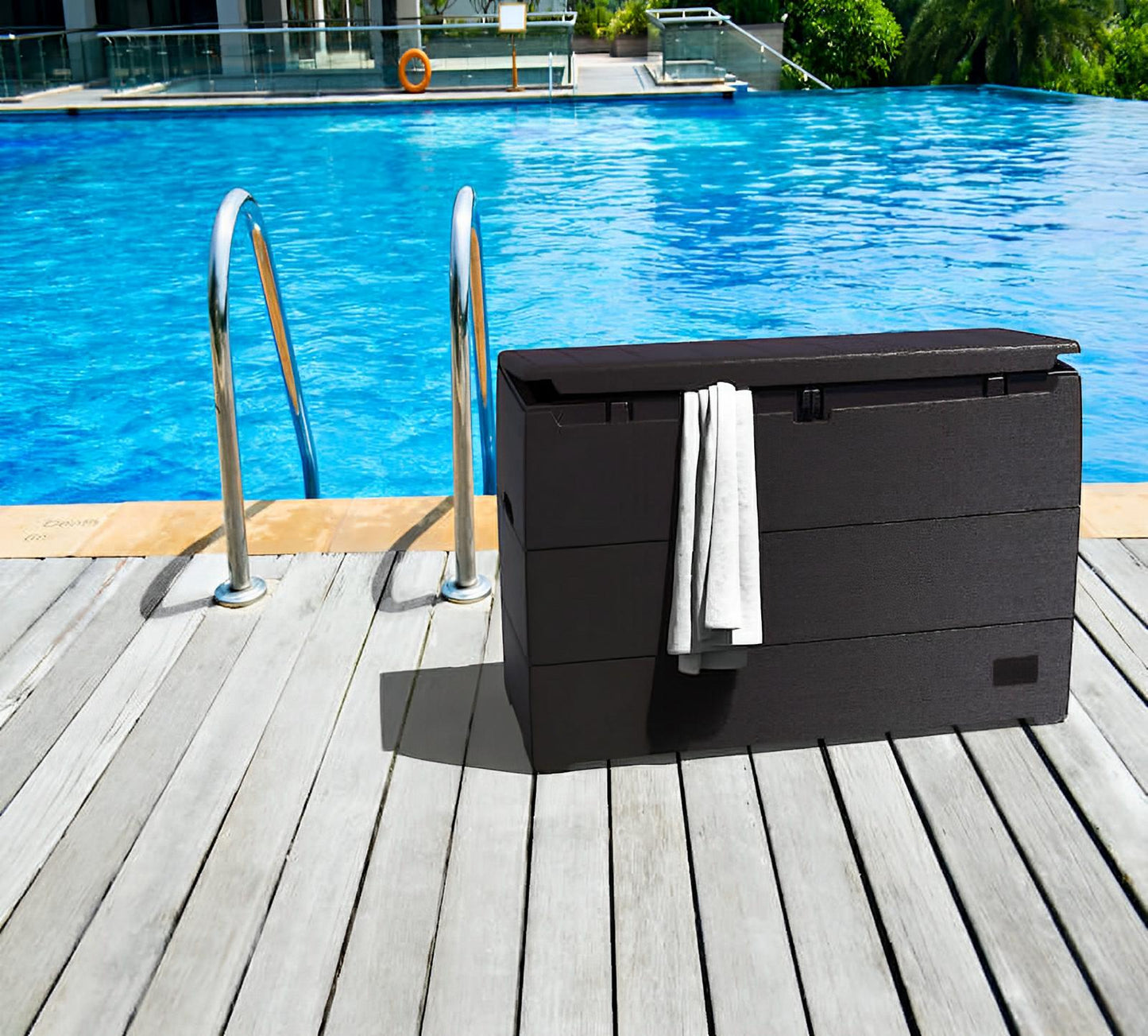 Duramax 71 Gallon Deck Box in brown on poolside deck, ideal storage solution, stylishly mimics wood, made from durable materials.