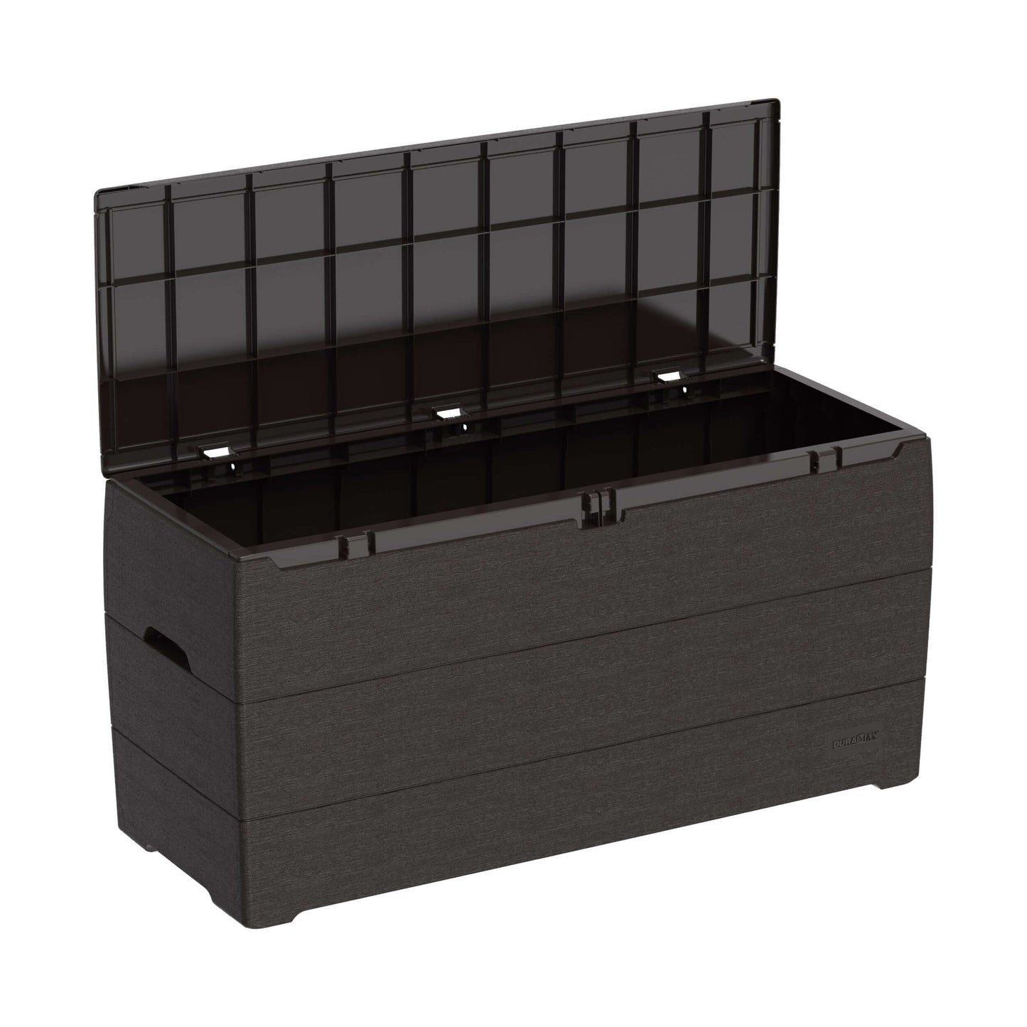 Duramax 71 Gallon Deck Box in Brown, offering ample storage and seating. Made from strong polypropylene resin with a wood-like design.