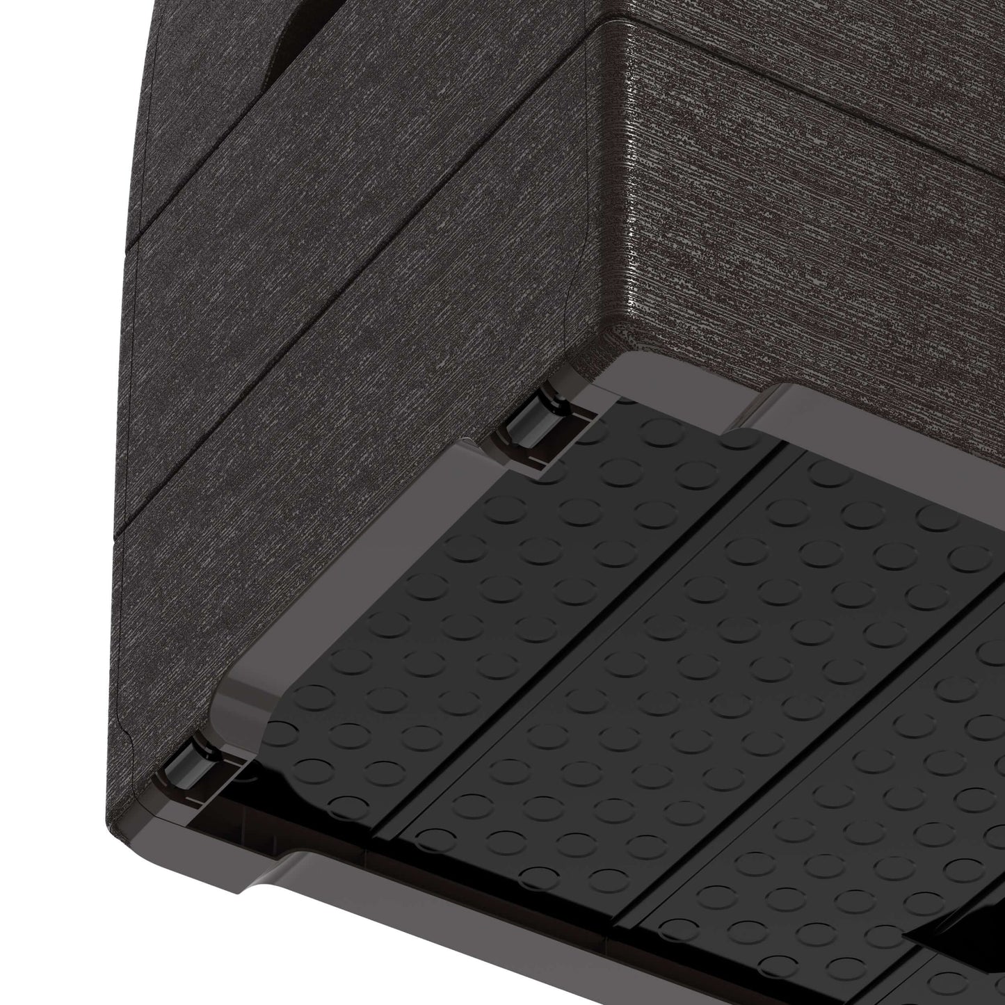 Close-up of the bottom corner of a Duramax 71 Gallon Deck Box, showing the brown resin texture, suitable for outdoor storage.