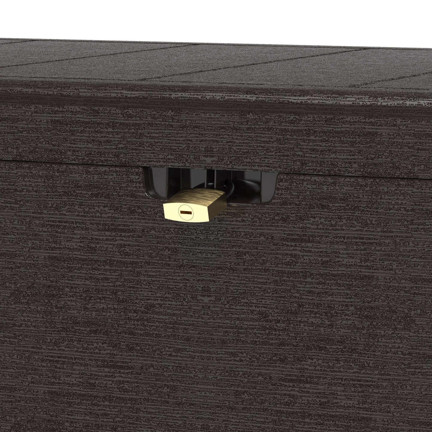 Close-up of lockable latch on Duramax 71 Gallon Brown Deck Box, ideal for secure outdoor storage on patio or garden.