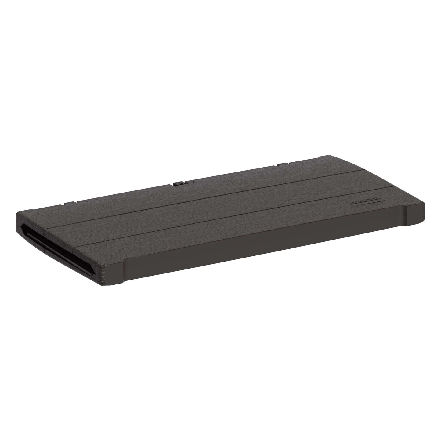 Brown lid of Duramax 71 Gallon Deck Box, resembling natural wood, for outdoor storage and seating. Made of strong polypropylene resin.