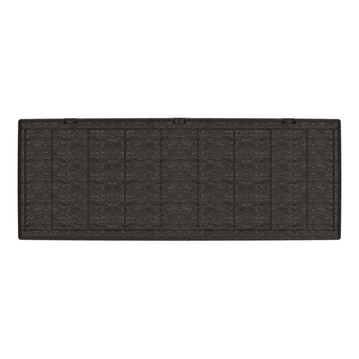 Top view of a Duramax 71 Gallon Deck Box in brown, featuring a wood-like pattern, ideal for outdoor storage and seating.