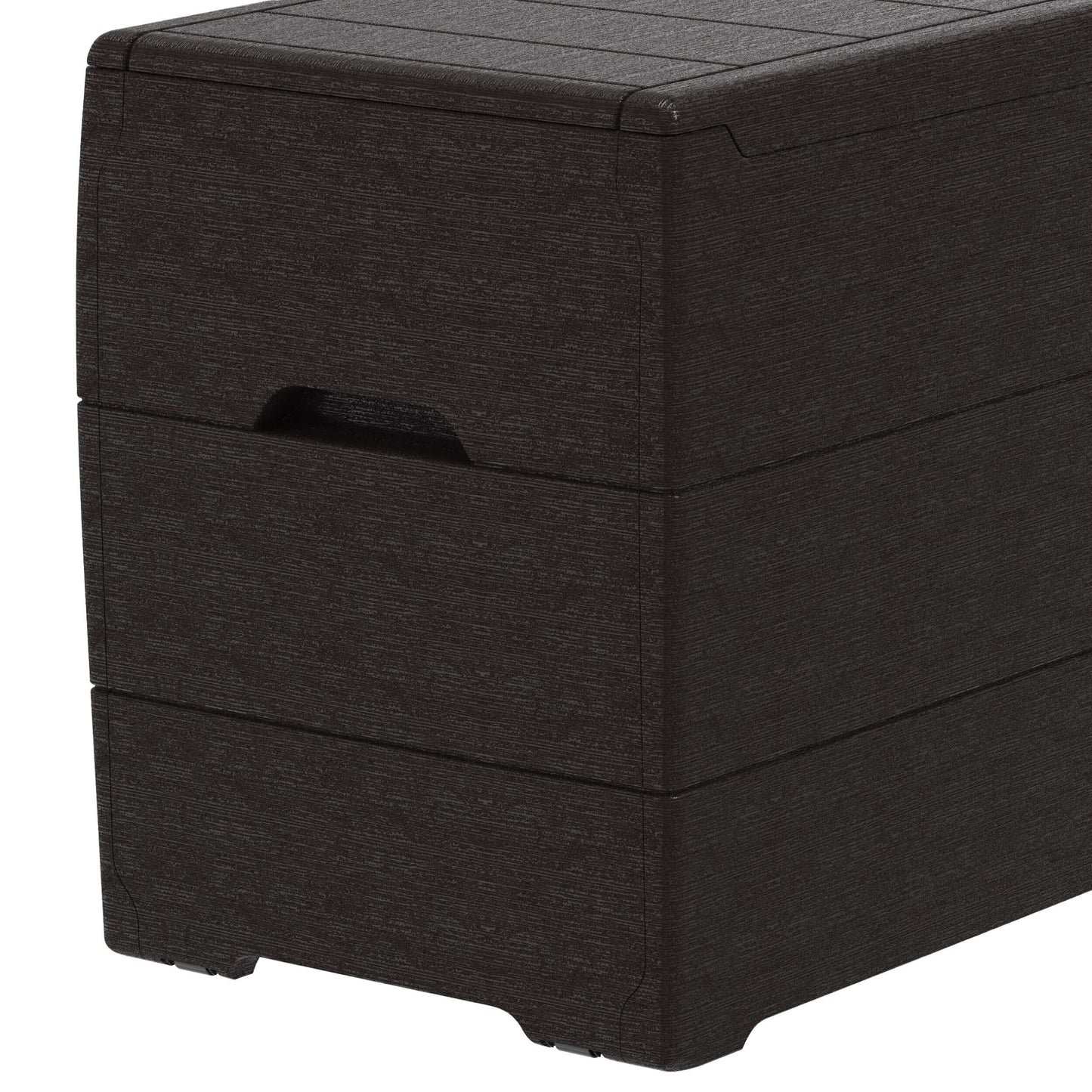 Duramax 71 Gallon Deck Box in brown, stylish storage with glass-like finish, ideal for outdoor patio, pool, or garden use.