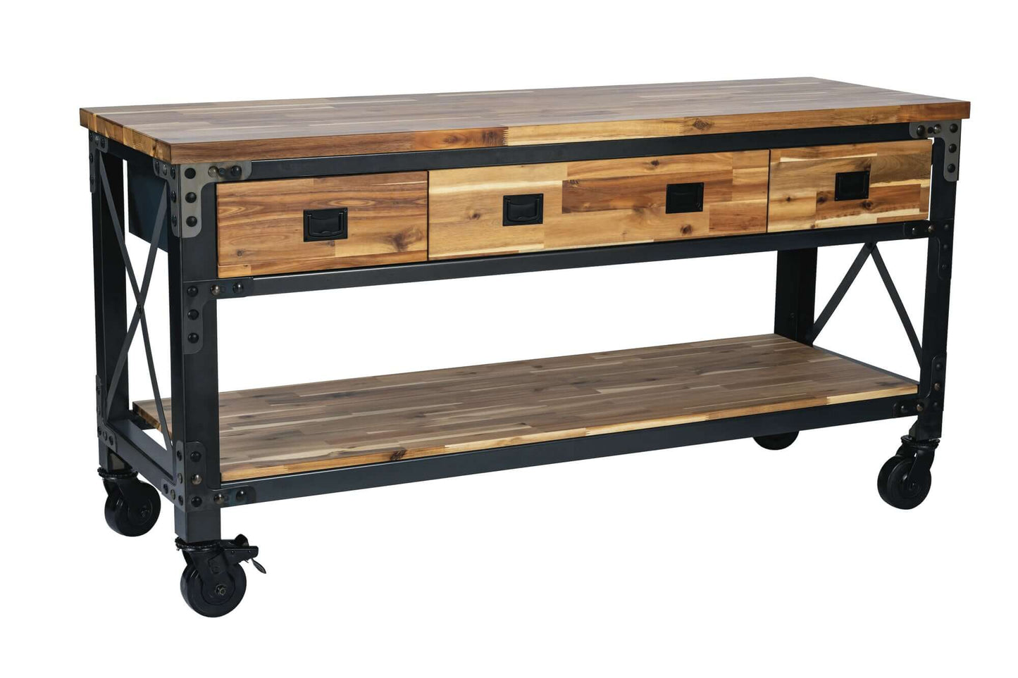 Duramax 72 In Darby Industrial Metal and Wood Desk with Drawers on Wheels