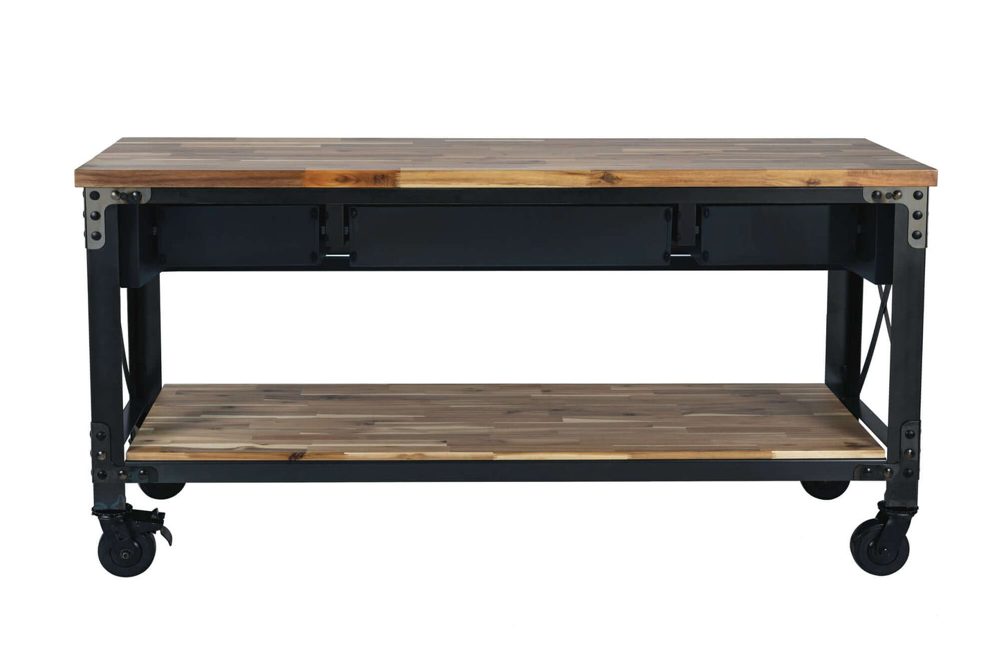 Duramax 72 In Darby Industrial Metal & Wood Desk on wheels, featuring a weathered finish and shelf, ideal for kitchen use.
