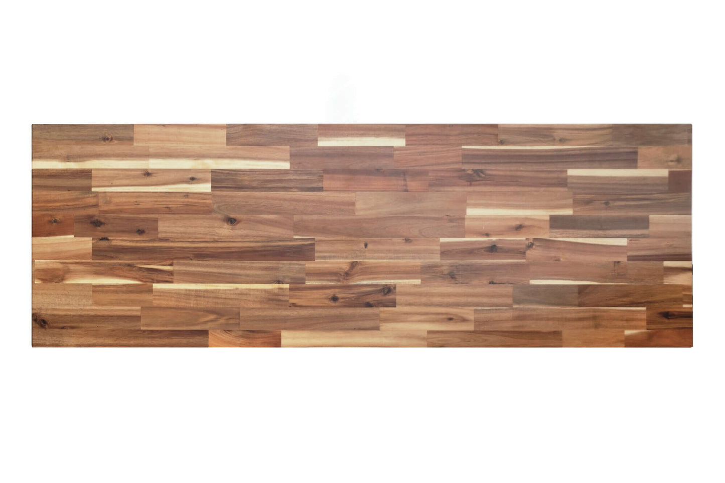 Natural wood tabletop with a rich brown finish, showcasing a sleek and polished surface, ideal for adding warmth to any space.