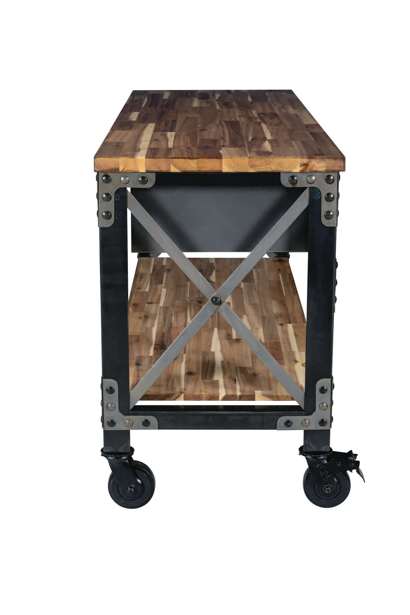 Duramax Darby industrial kitchen island with wood top and metal frame, featuring vintage style and caster wheels for versatility.