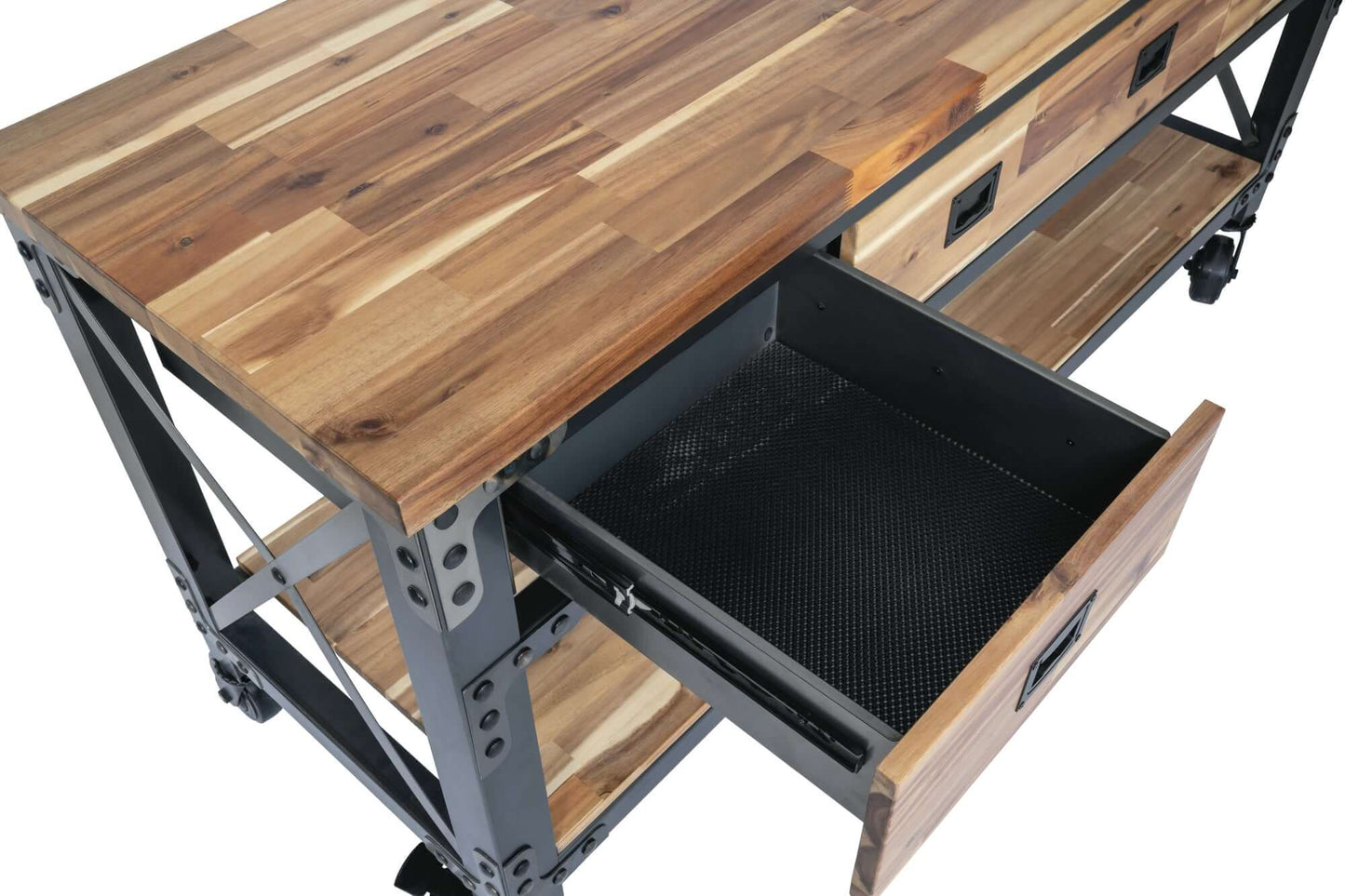 Duramax 72 In Darby Industrial Metal & Wood Desk with open drawer, showcasing solid wood finish and industrial design, ideal for home office.