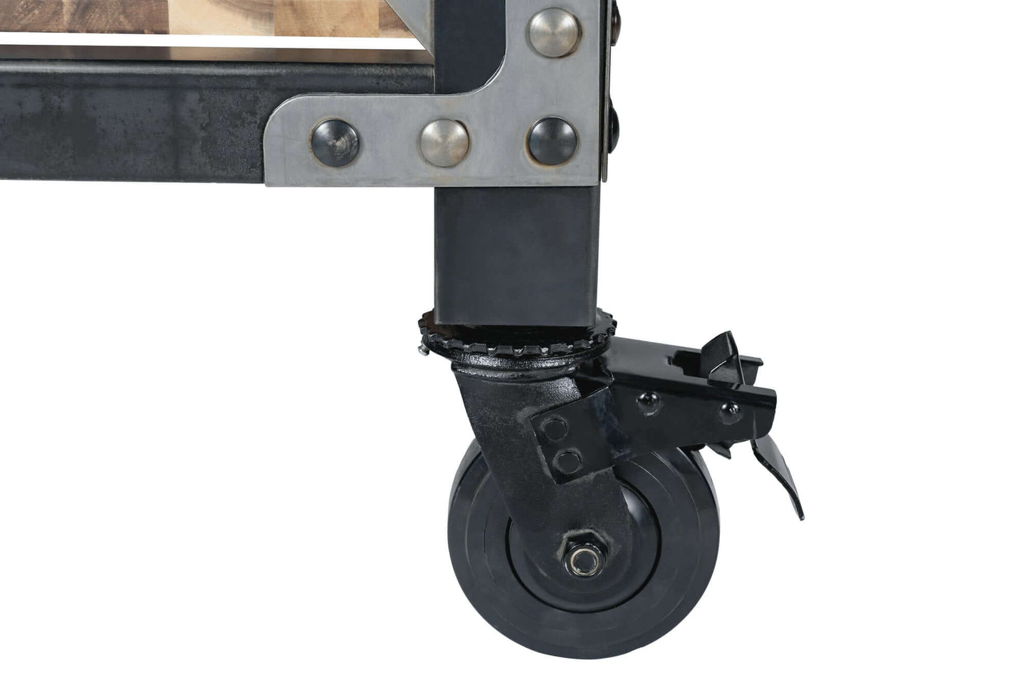 Close-up of caster wheel on Duramax Darby Industrial Metal & Wood desk highlighting mobility and industrial style design.