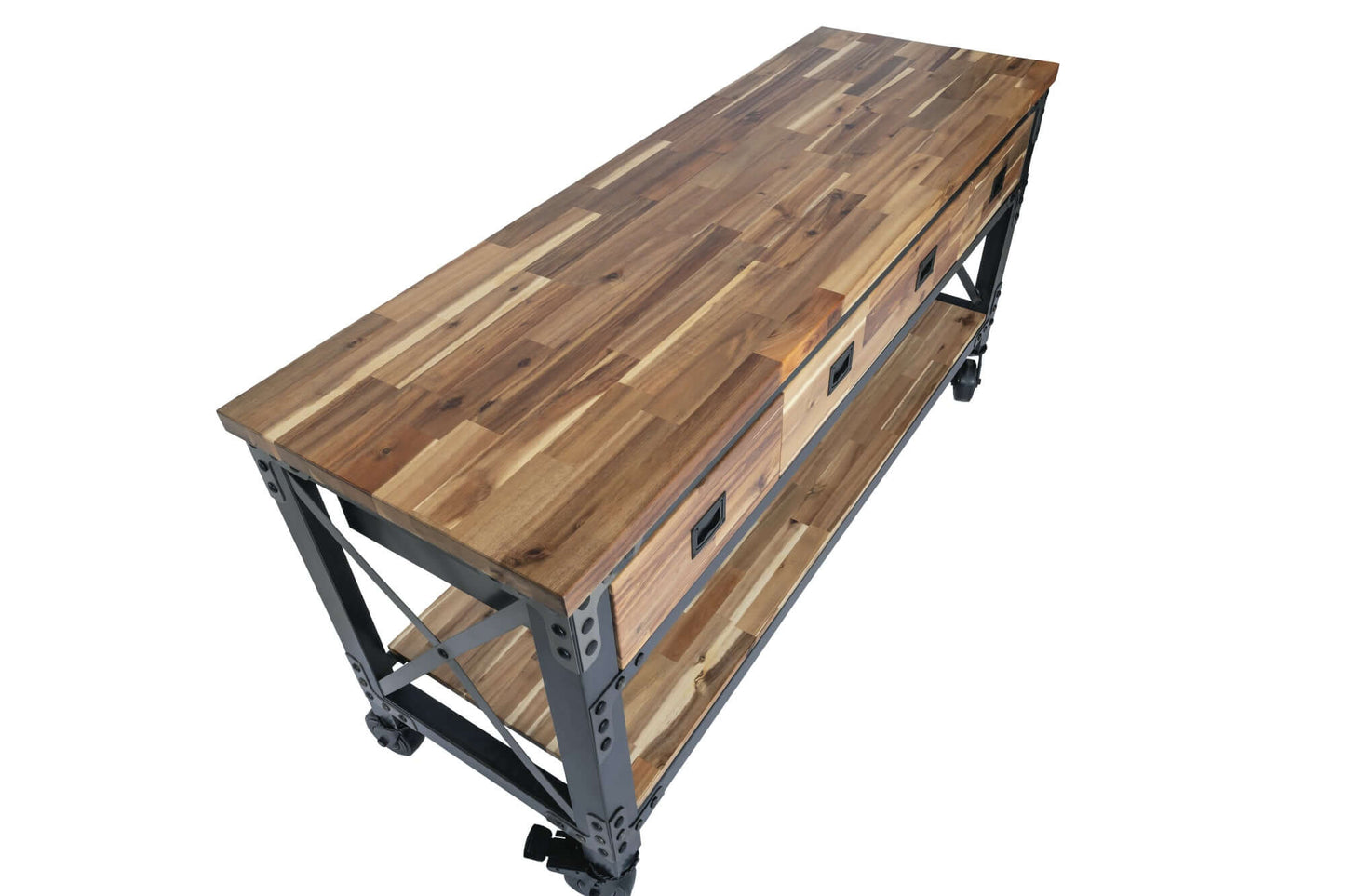 Duramax 72-inch Darby industrial desk with metal frame and wood surface, ideal for kitchen, bar, or workbench use.