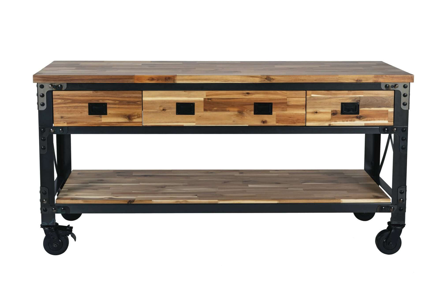 Duramax 72 In Darby Industrial Metal & Wood Desk with vintage design, weathered finish, perfect for kitchen or workbench use.