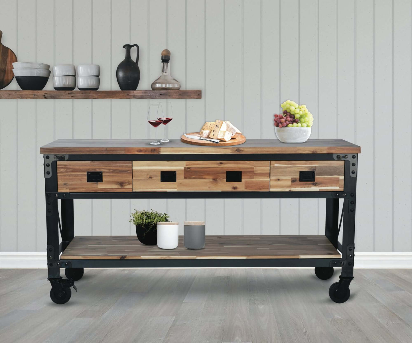 Duramax 72-inch Darby industrial metal and wood desk with drawers, ideal for kitchen island, buffet, or workspace.