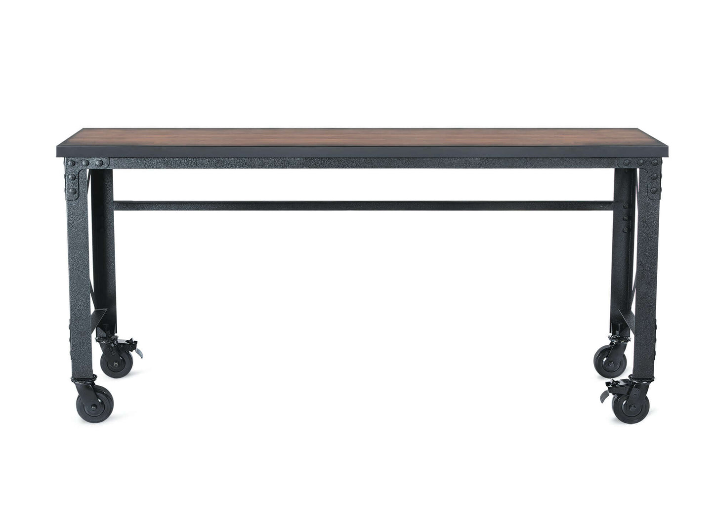 Duramax 72x24 inch rolling industrial worktable with dark wood top and metal frame, featuring caster wheels for easy mobility.