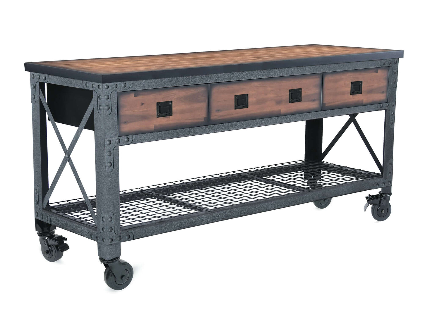 Duramax 72x24 in 3-Drawer Rolling Industrial Workbench with metal frame and rubberwood top.