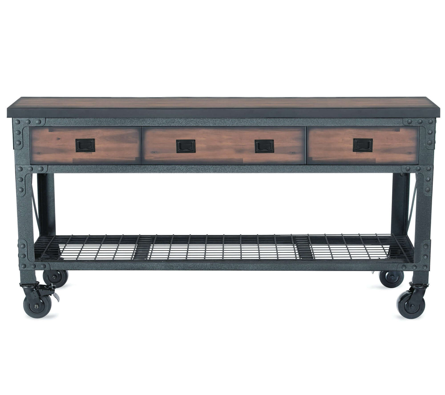 Duramax 72x24 inch 3-Drawer Rolling Workbench with steel frame and rubberwood top, ideal for workshops and garages.