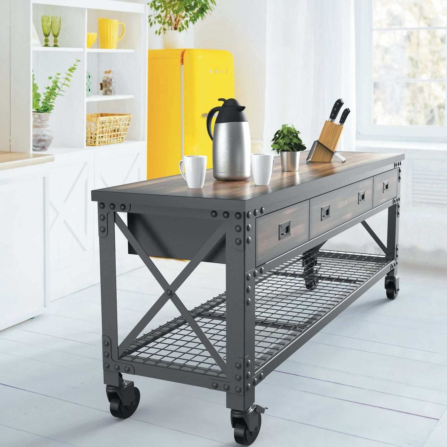 Duramax 72x24 inch 3-drawer rolling workbench with rubberwood countertop in kitchen setting