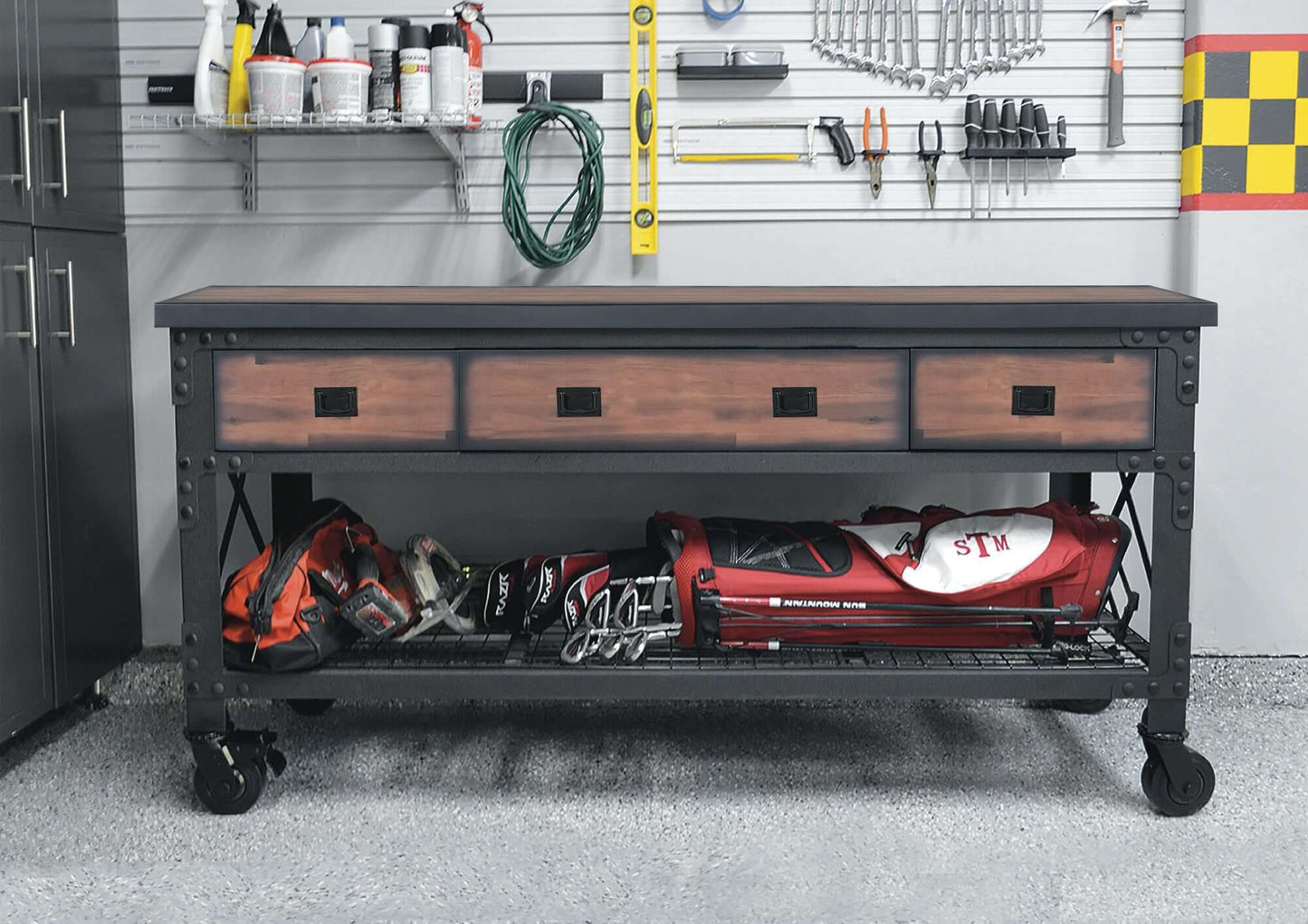 Duramax 72 x 24 in 3-Drawer Rolling Industrial Workbench with rubberwood countertop in a workshop setting.