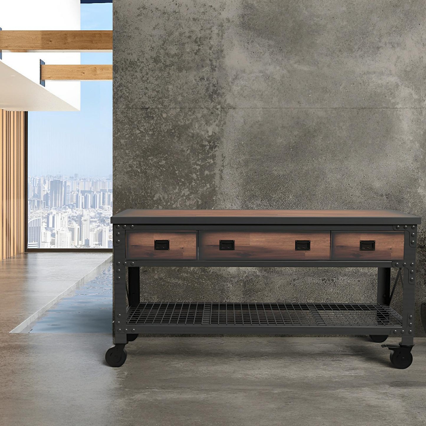 Duramax 72 x 24 in 3-Drawer Rolling Industrial Workbench in a modern setting.