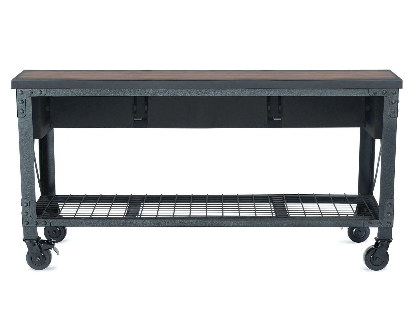 Industrial workbench with wheels and lower shelf, ideal for workshops or garages.