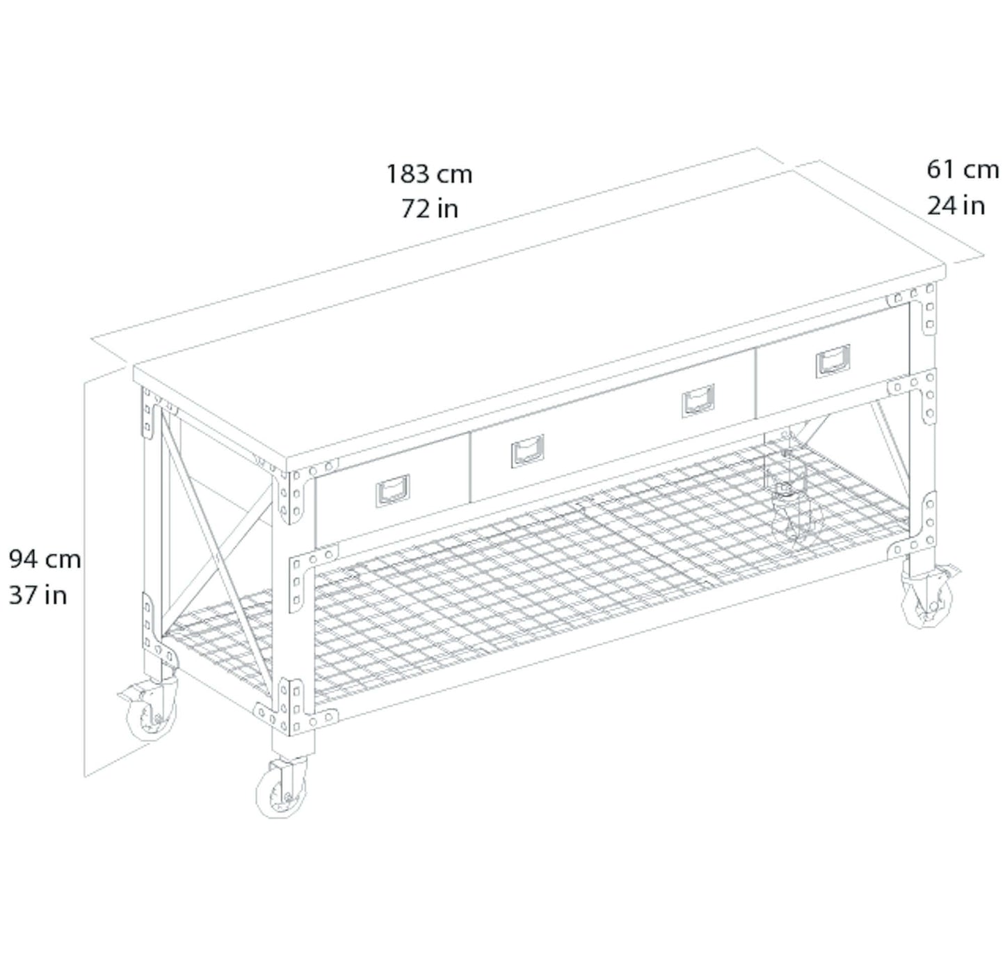 Illustration of Duramax 72x24 inch 3-drawer rolling industrial workbench with dimensions. Features include durable rubberwood top.
