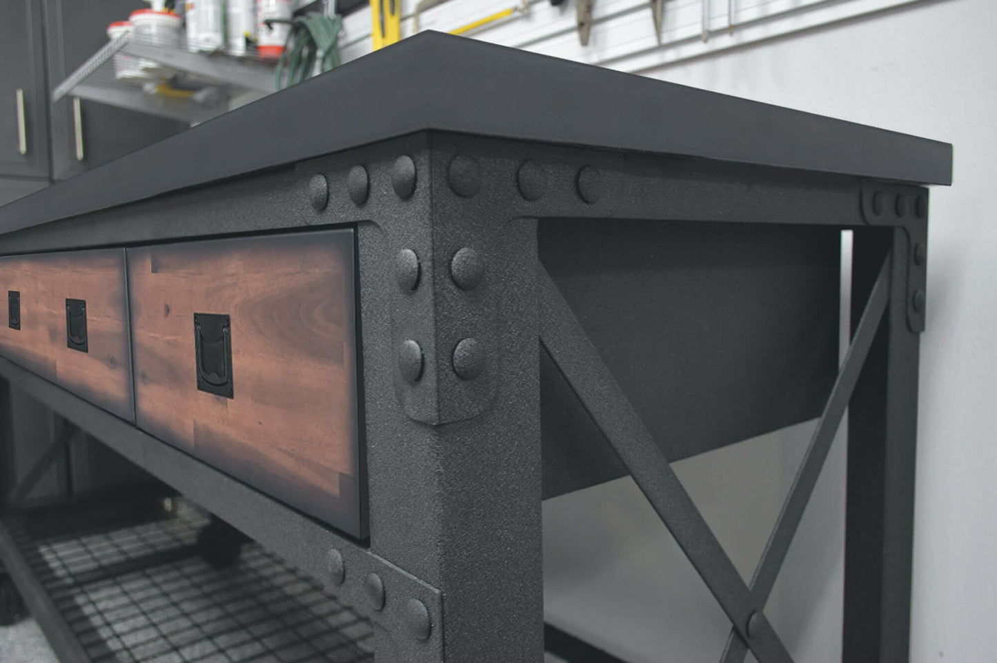 Duramax 72x24 in rolling industrial workbench with three drawers and rubberwood countertop, featuring a powder-coated steel frame.
