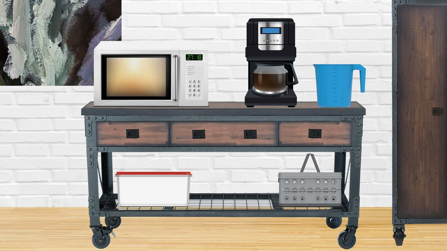 Duramax 72x24 inch rolling workbench with 3 drawers, featuring microwave and coffee maker setup, ideal for home or garage use.
