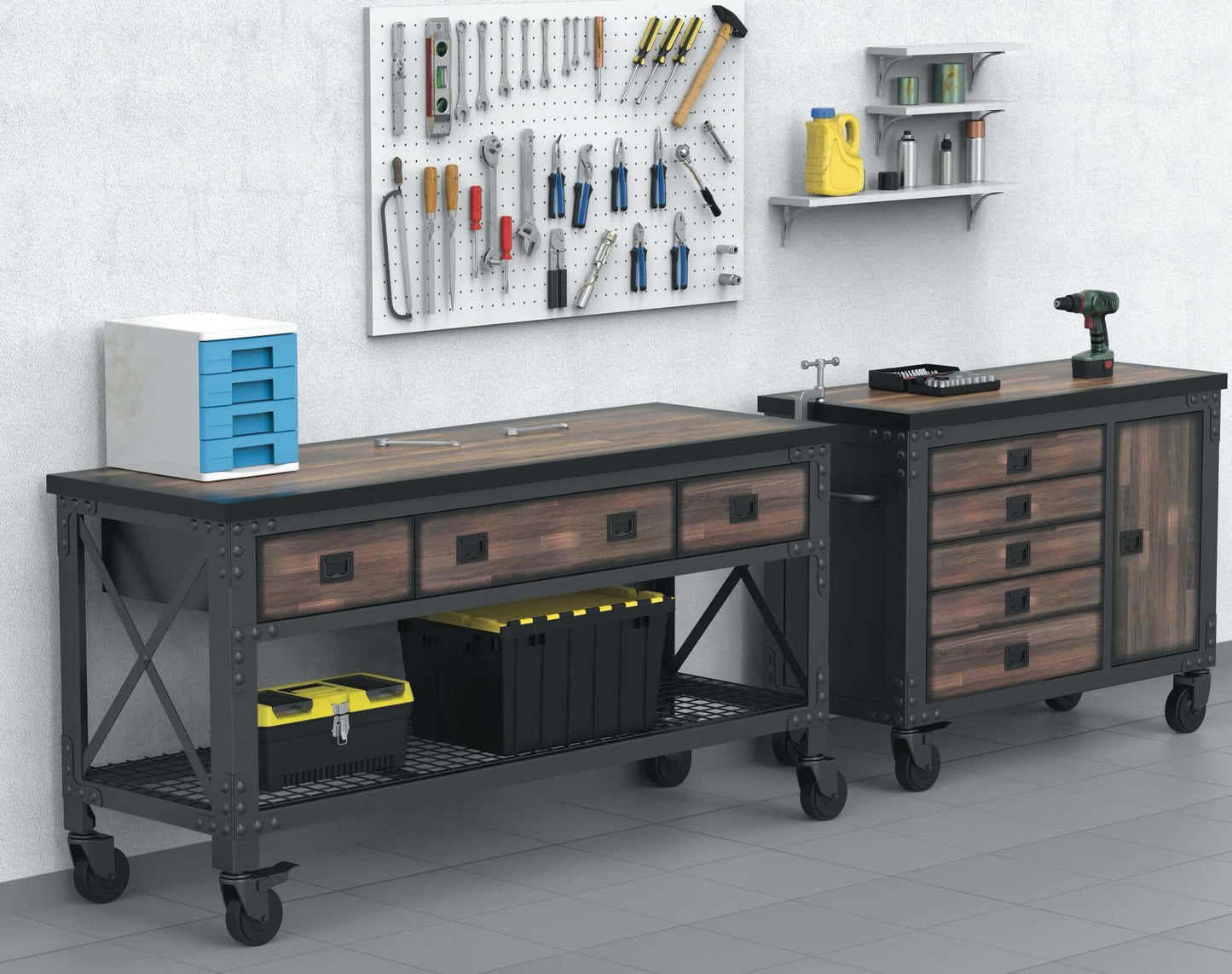Duramax 72 x 24 inch 3-Drawer Rolling Industrial Workbench in a garage setting with tools and accessories.